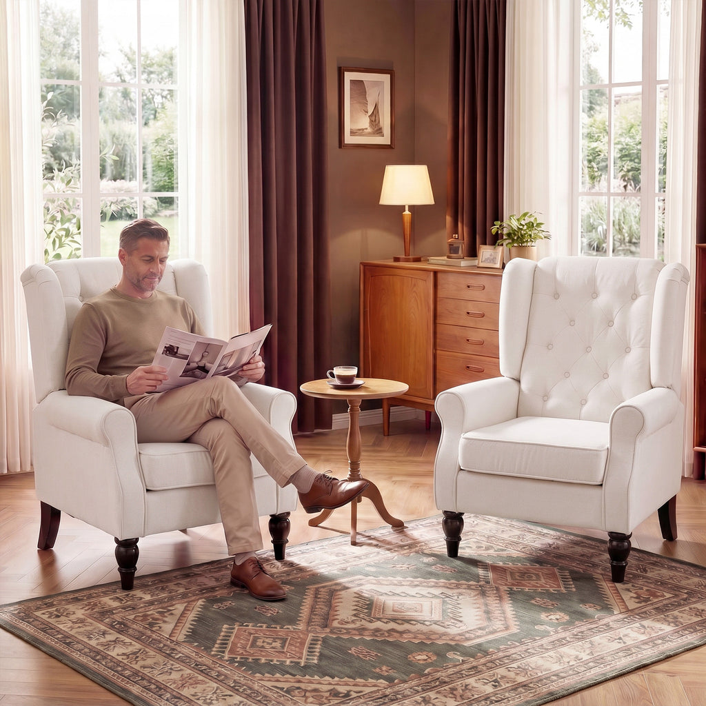 Button-Tufted Accent Chair with High Wingback, Rounded Cushioned Armrests and Thick Padded Seat, Cream White