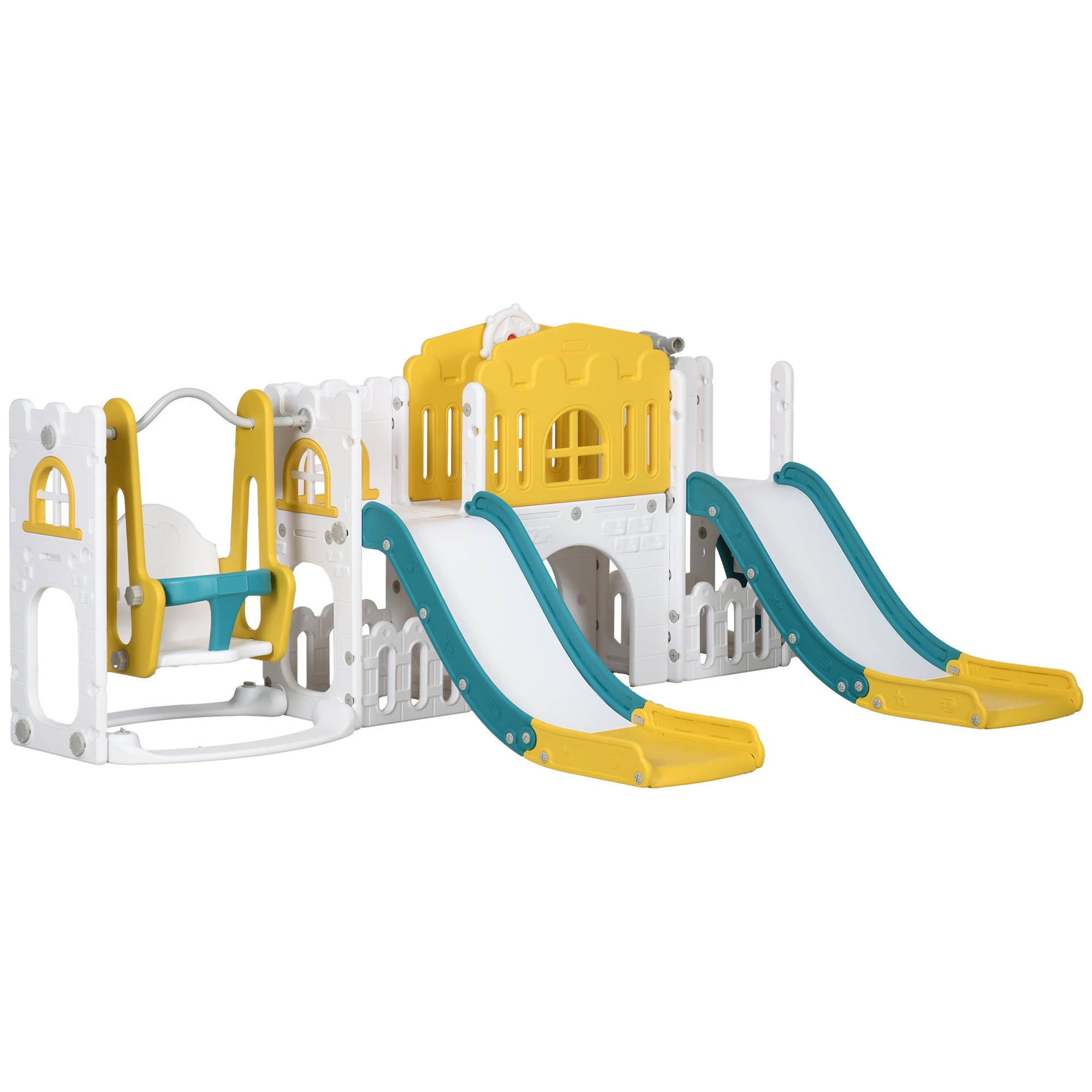 8 in 1 Toddler Slide and Swing Set w/ 2 Slides, Basketball Hoop, Climber, Storage Space Telescope, Yellow