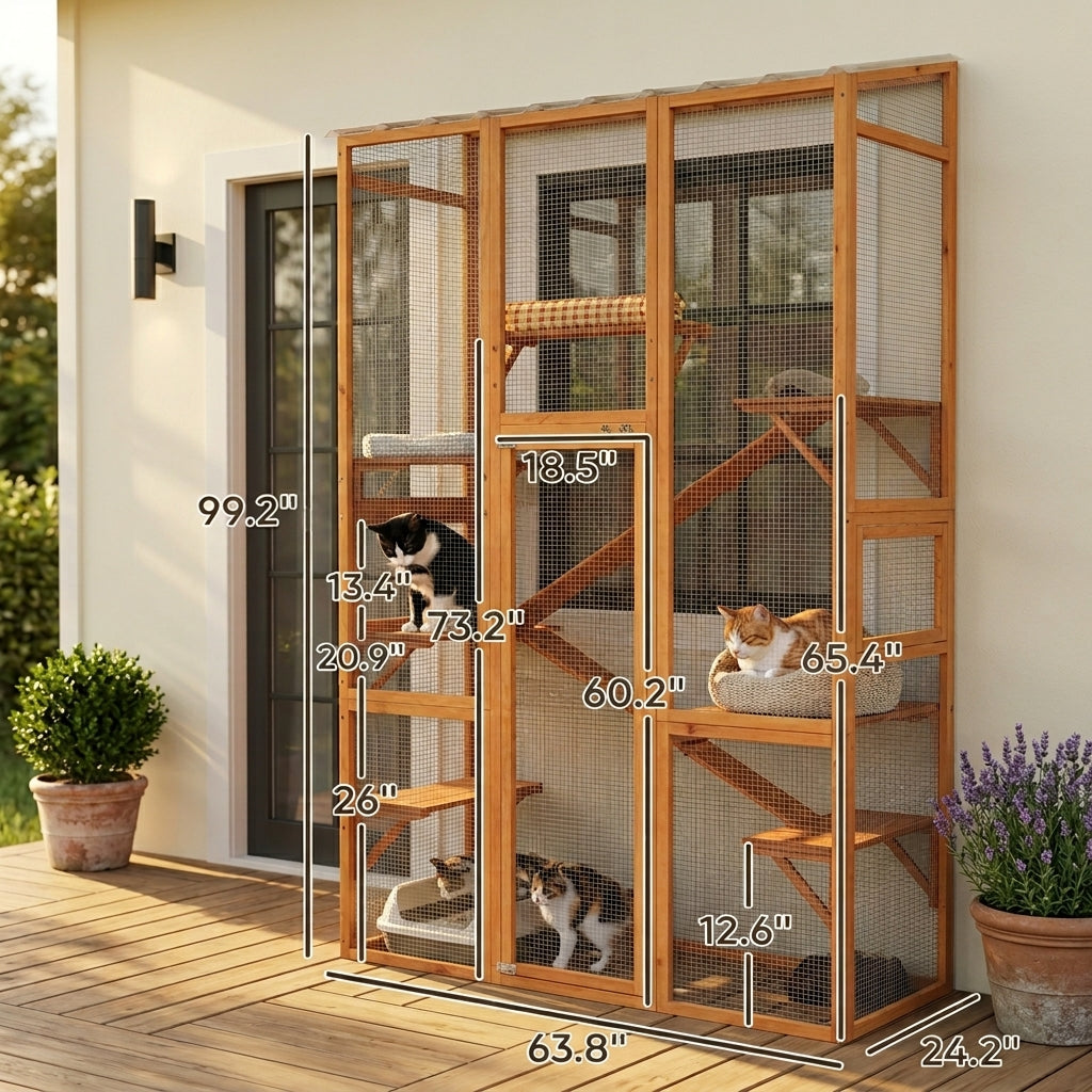 Outdoor Catio Cat Enclosure, Large Wooden Cat House with 6 Jumping Platforms, Scratching Post, 2 Ramps, for 2-3 Kittens