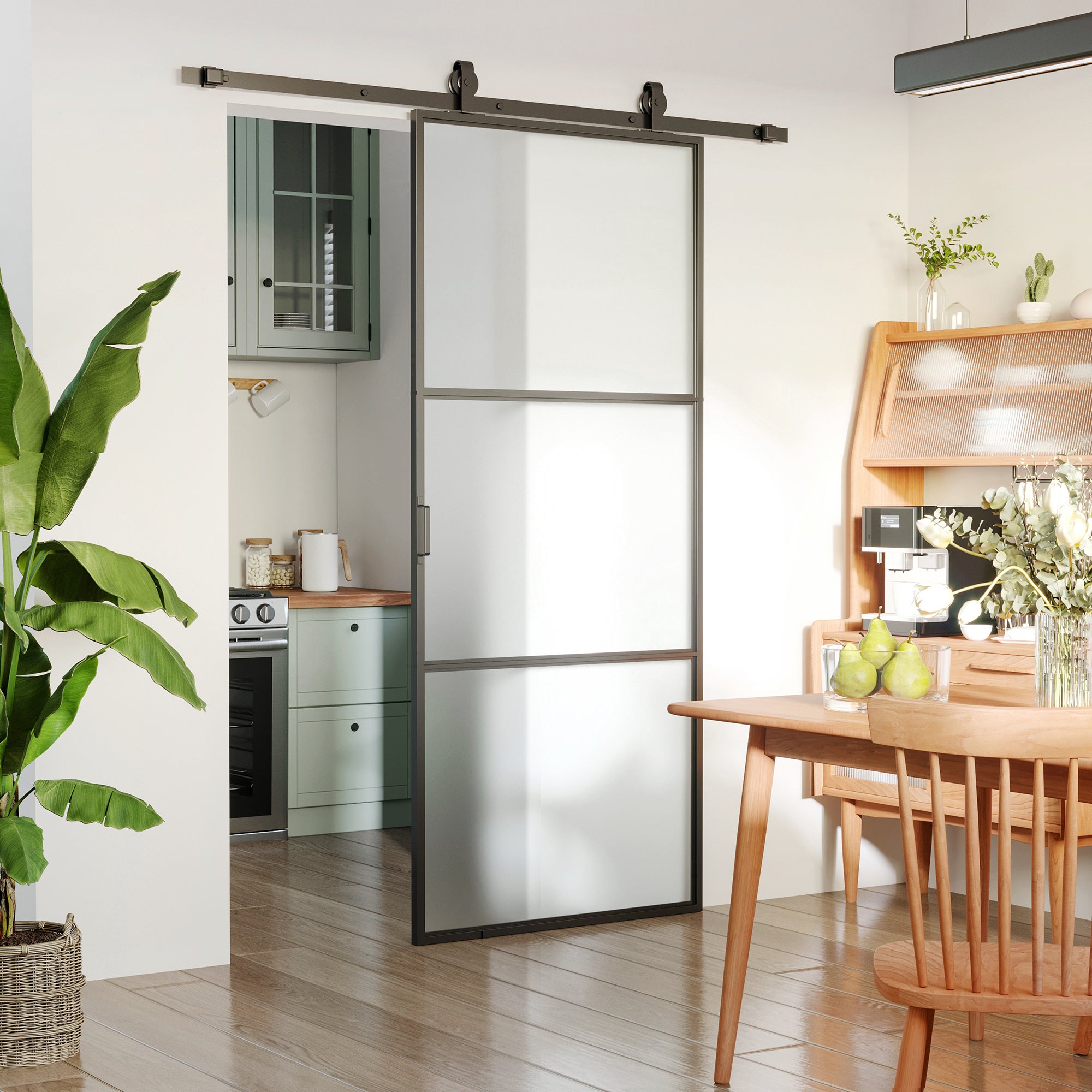 36" x 84" Sliding Door with Hardware Kit, Handle, & Track, Frosted Tempered Glass Door, Easy Installation