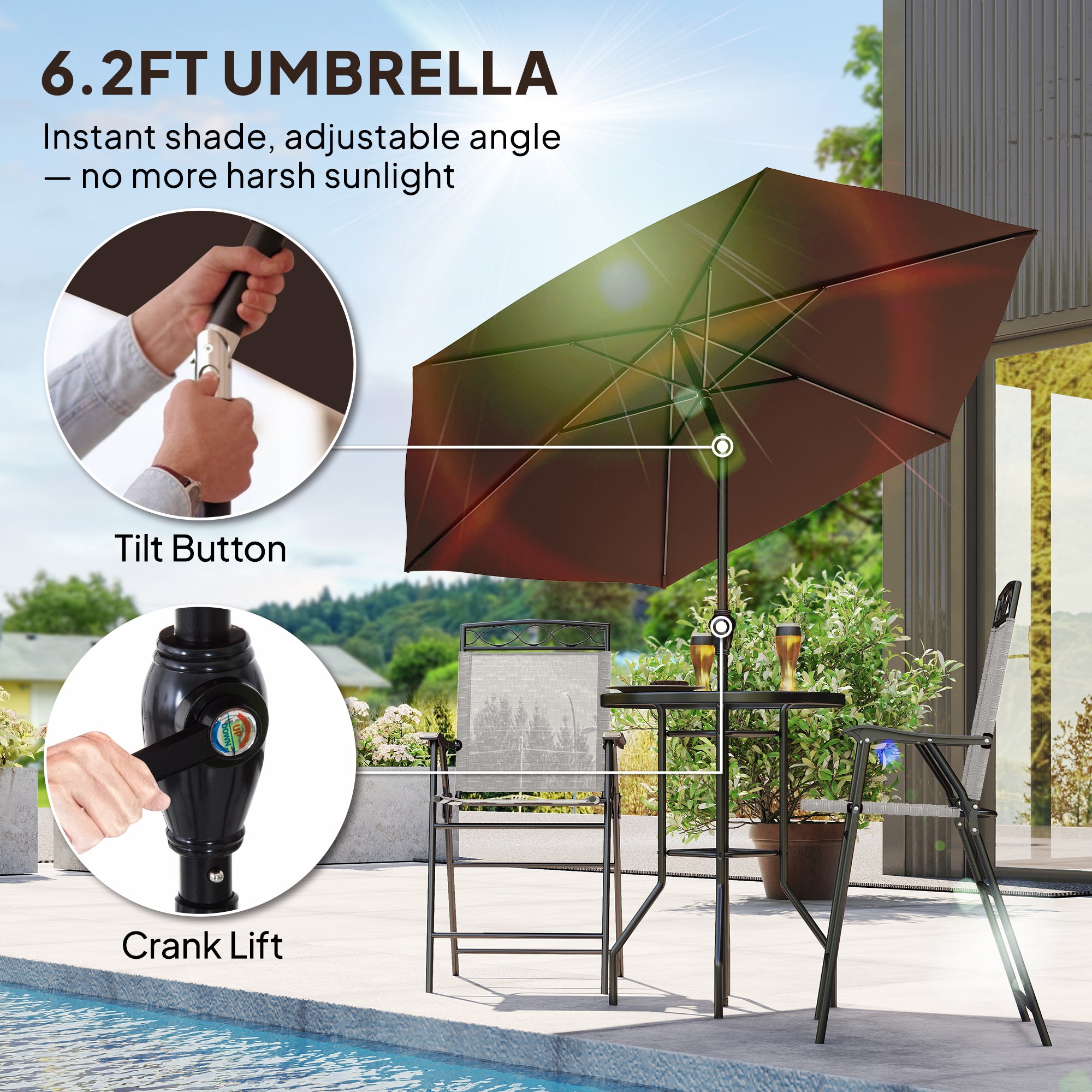 4 Piece Outdoor Bar Set with Umbrella, Patio Dining Set with 2 Folding Chairs, Wave Textured Tempered Glass Table for Backyard, Garden, Deck, Poolside, Beige