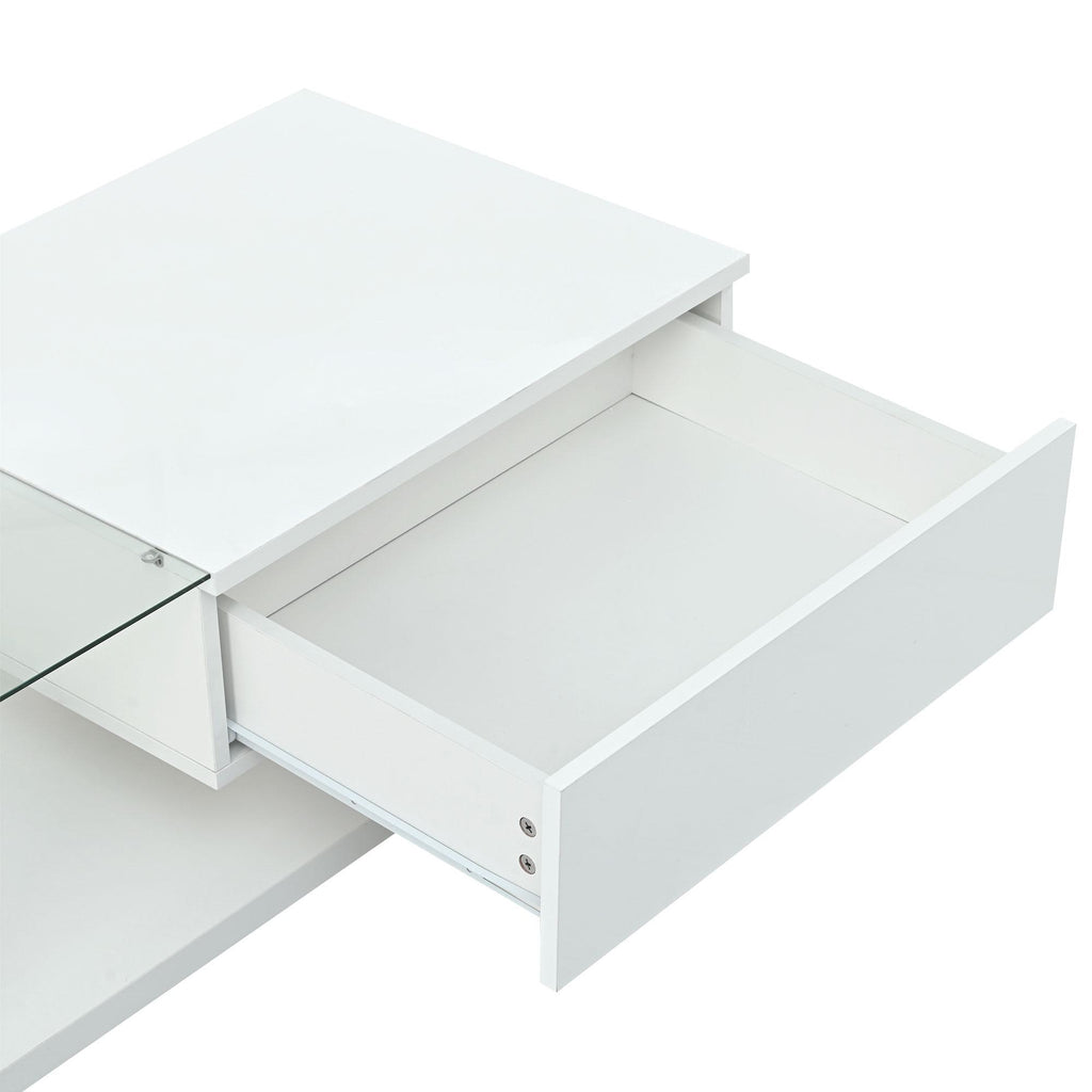 Modern Coffee Table with Tempered Glass, Wooden Cocktail Table with High-Gloss UV Surface, 2-Tier Rectangle Center Table for Living Room, White