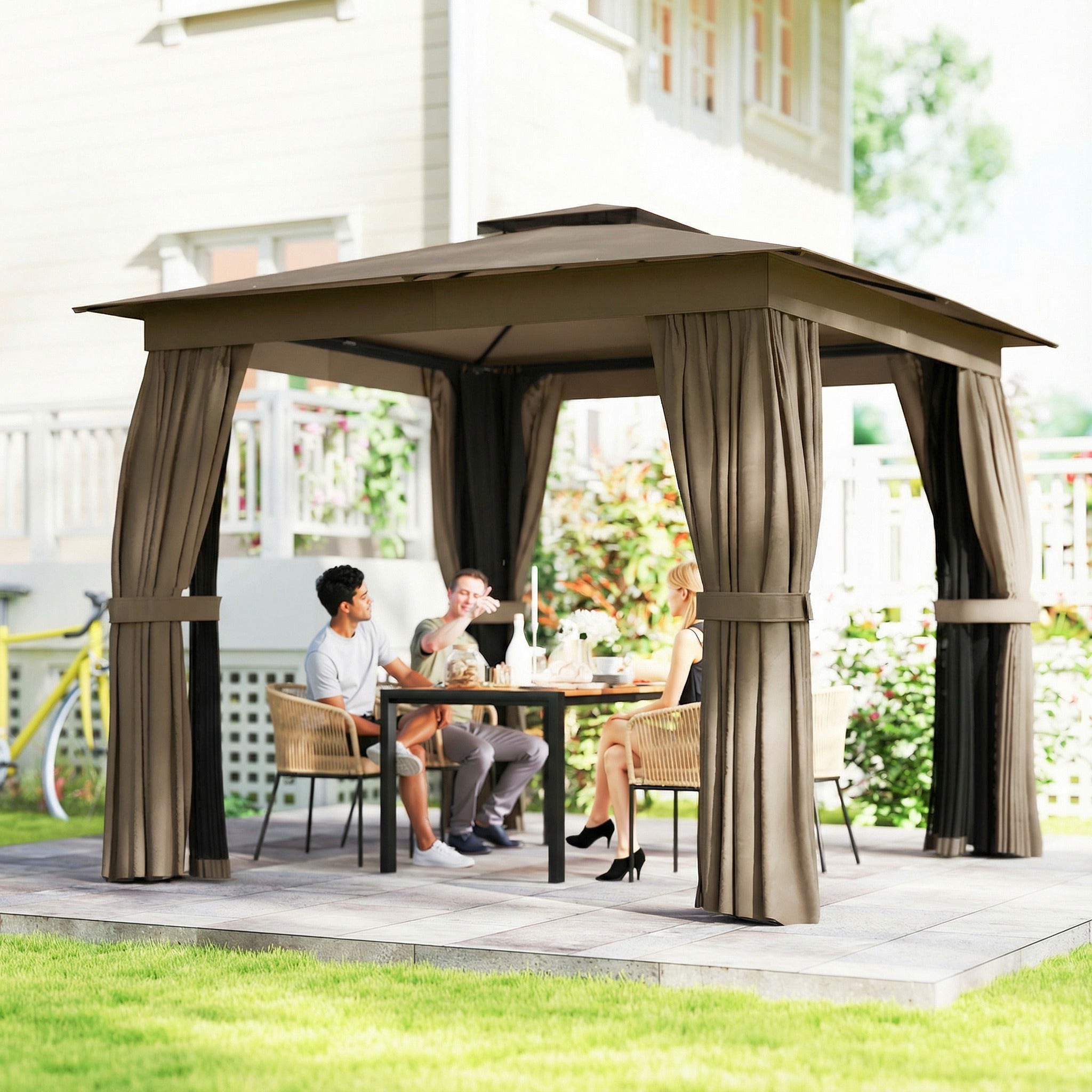10' x 10' Outdoor Patio Gazebo, Soft Top Gazebo Canopy Shelter with Curtains, Netting, Steel Frame, Hook, Khaki