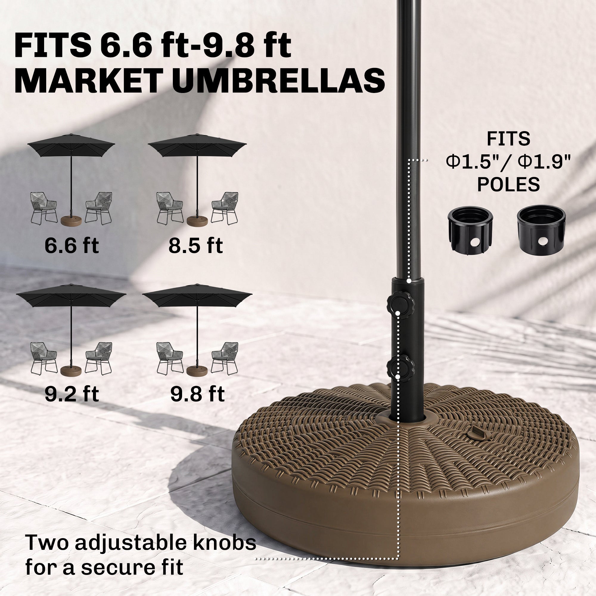 Umbrella Stand for 1.5" or 2" Umbrella Poles, Round Fillable Umbrella Base for Outdoor, Lawn, Deck, Brown