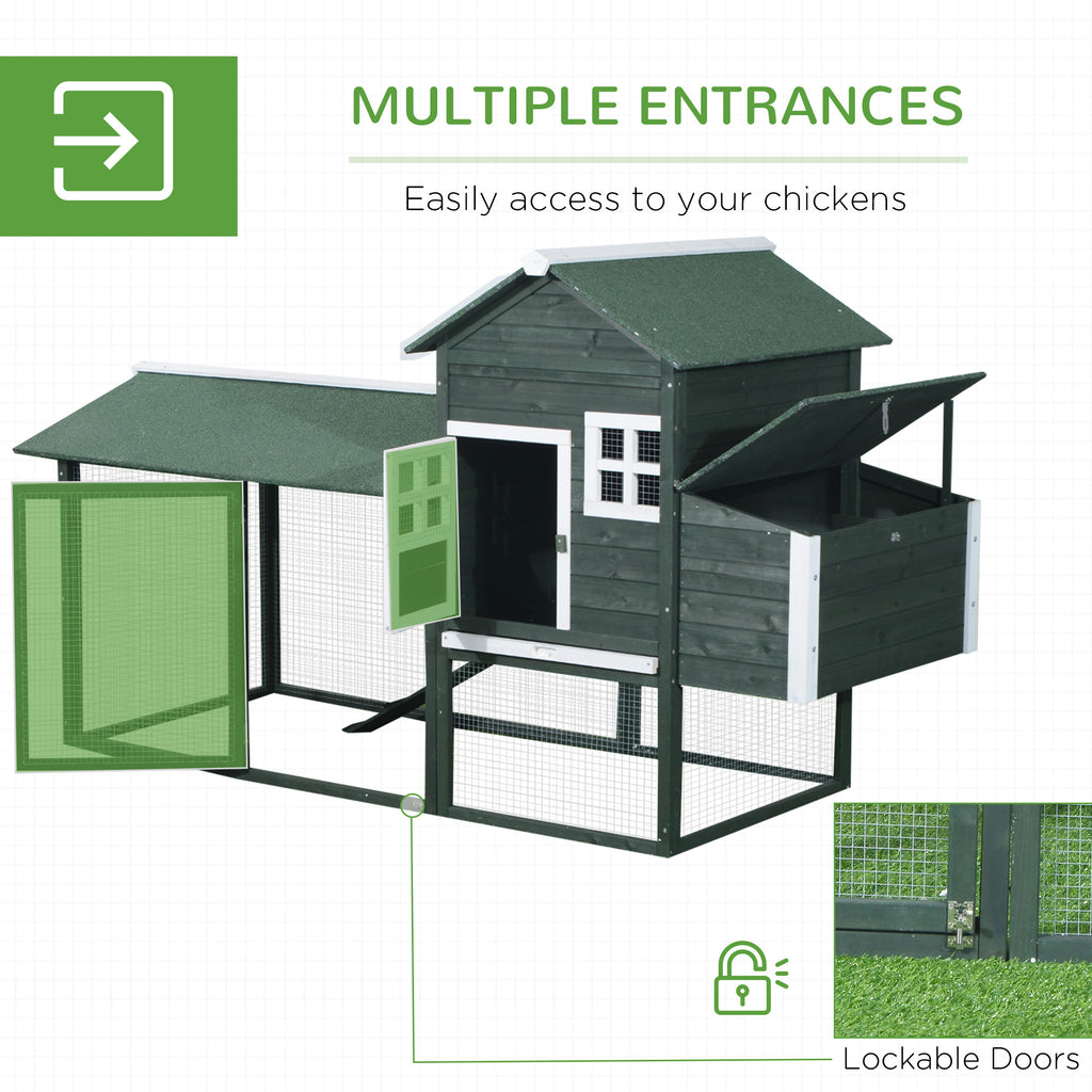 84" Wooden Chicken Coop, Hen House Outdoor with Run Nesting Box, Asphalt Roof, Removable Tray, Ramp, Poultry Cage for 2-3 Chickens, Green