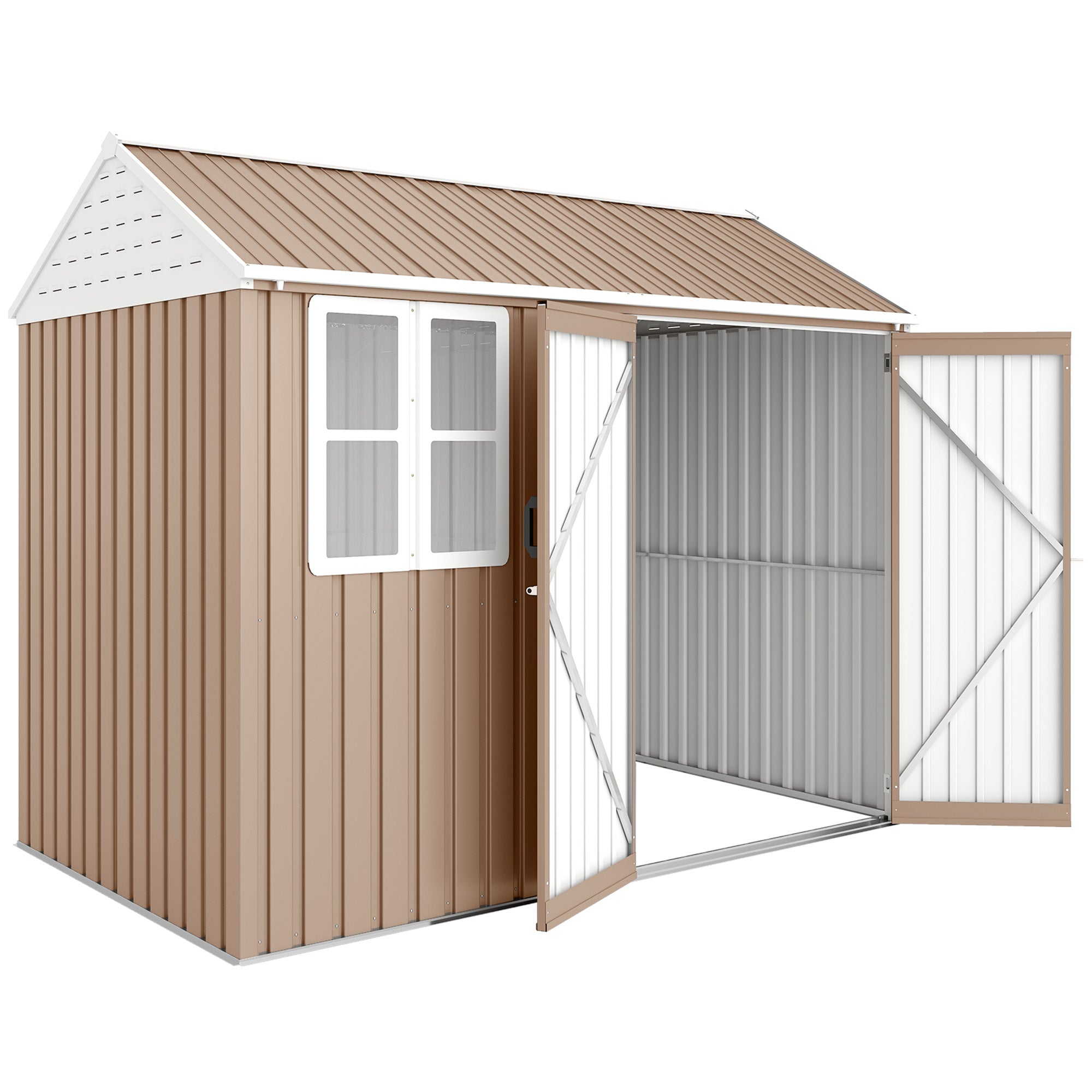 8' x 6' Metal Garden Storage Shed, Extra Large Outdoor Tool Storage House w/ Doors, Window and Air Vents, Brown