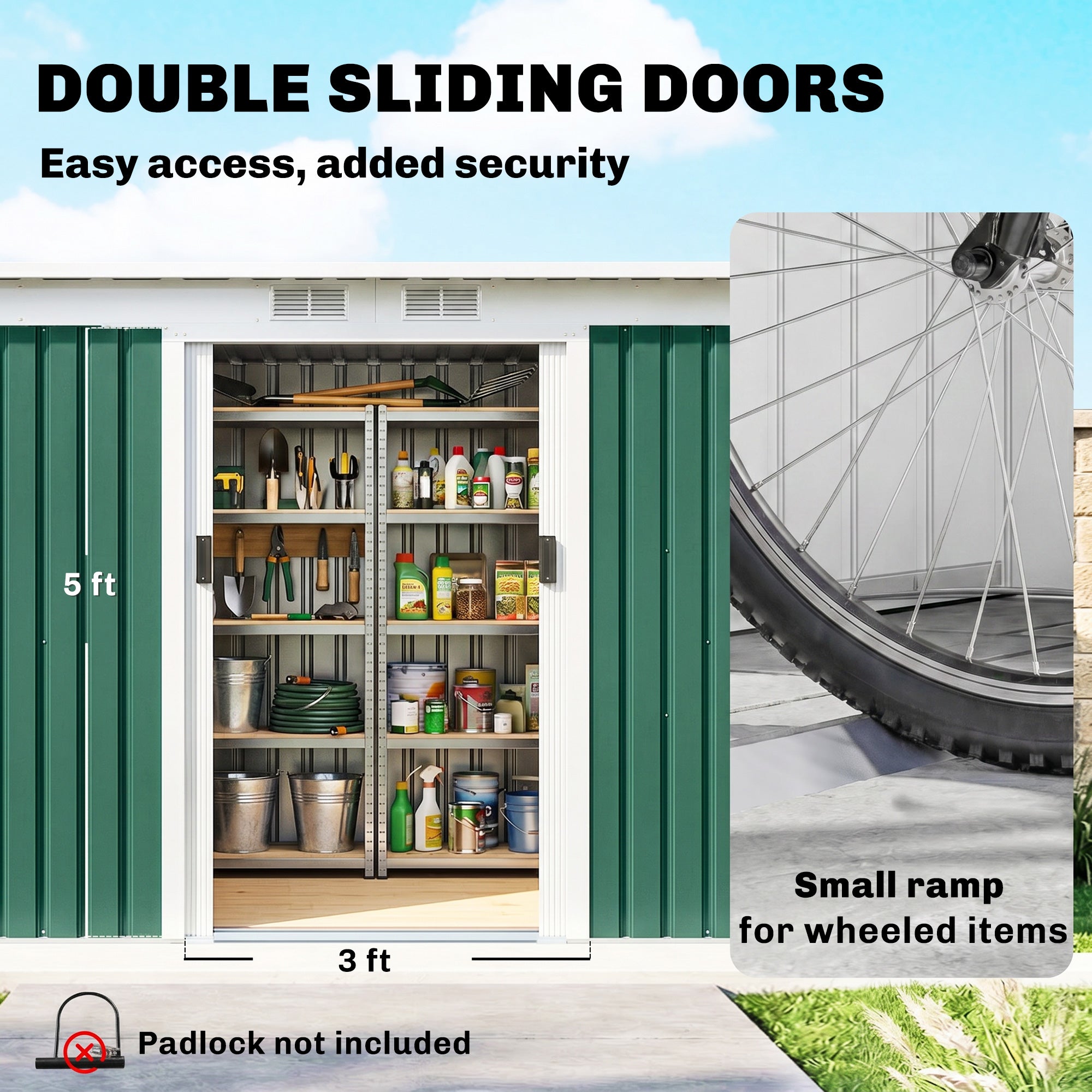 9' x 4' Metal Outdoor Storage Shed, Tool House with Double Lockable Doors for Backyard, Patio, Lawn, Garage, Dark Green
