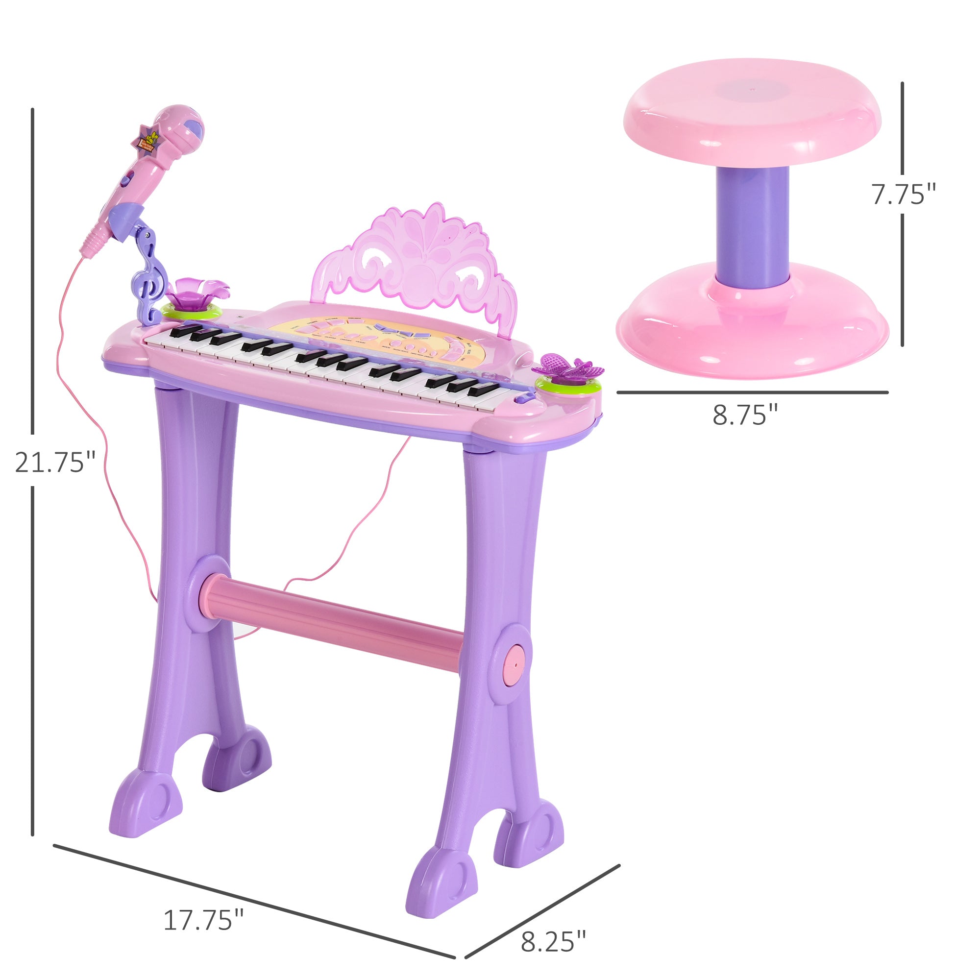 32-Key Princess Electronic Toy Piano for Kids, Educational Keyboard Piano with Stool, MP3, Record, Flashing Lights, Microphone for 3-6 Years, Pink