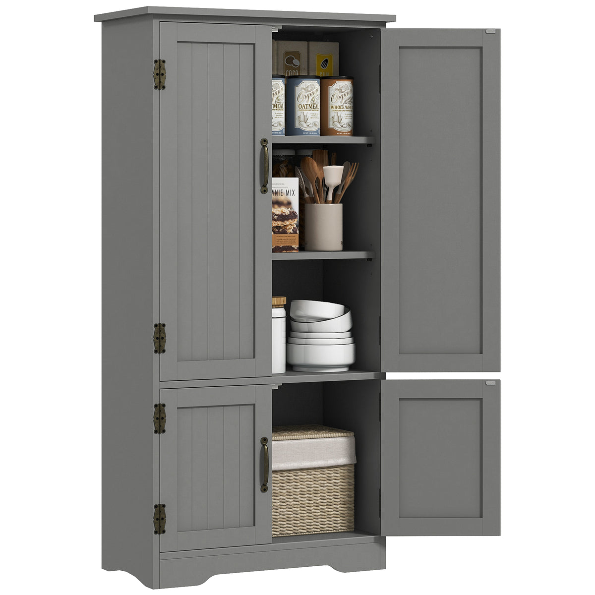 Accent Floor Storage Cabinet Kitchen Pantry with Adjustable Shelves and 2 Lower Doors, Gray