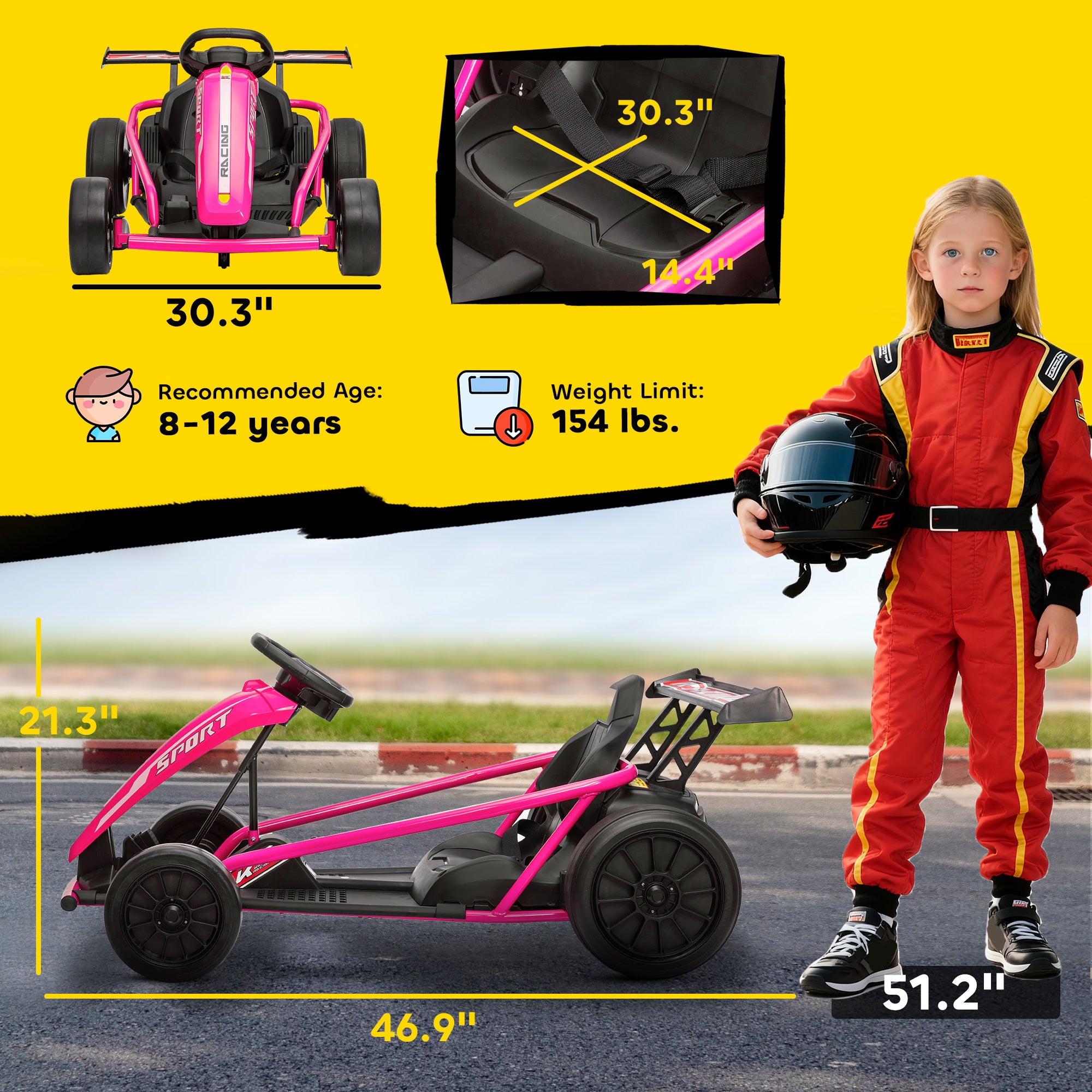 24V 7AH Kids Electric Go Kart, 8.1 MPH Battery Powered Drift Kart with Dual Motors, Soft Start for 8-12 Years, Pink