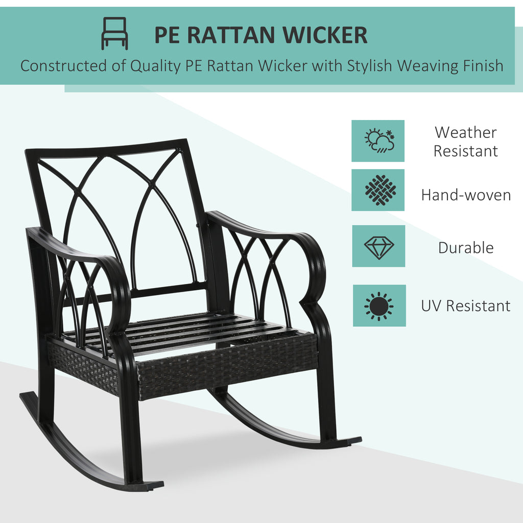 Outdoor Wicker Rocking Chair with Padded Cushions, Aluminum Furniture Rattan Porch Rocker Chair w/ Armrest for Garden, Patio, and Backyard, Khaki