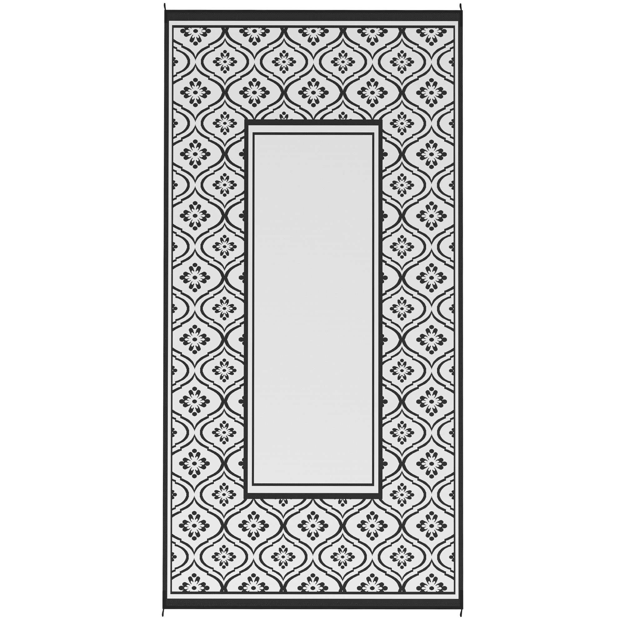 Reversible Outdoor Rug, Waterproof Plastic Straw with Carry Bag, 9' x 18', Black & White Gourd Border