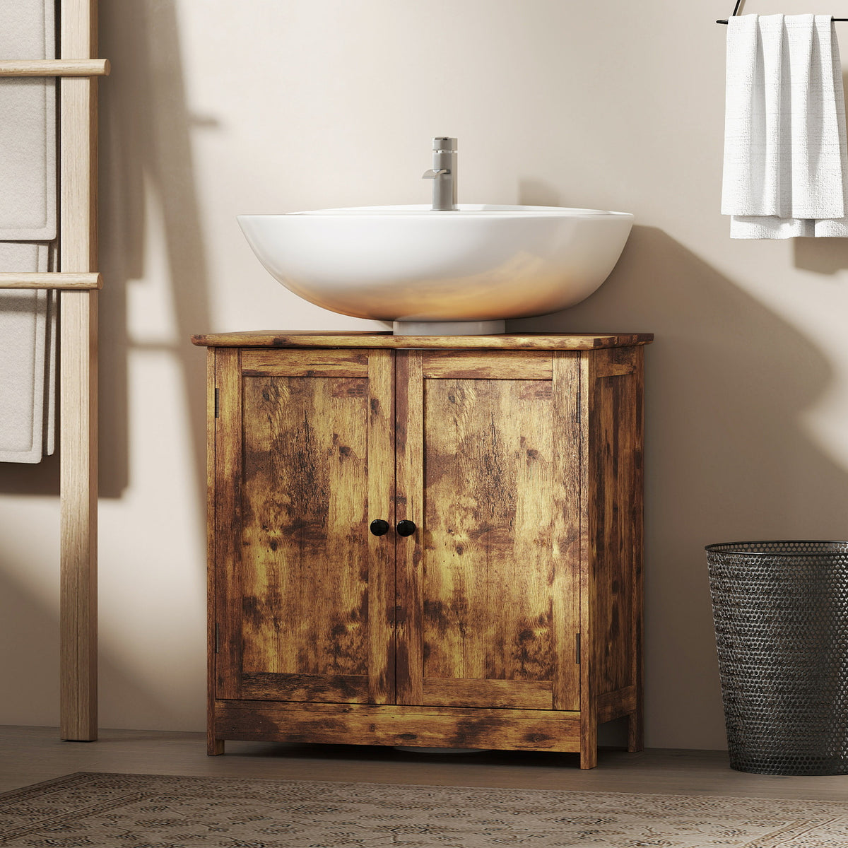 Bathroom Vanity Cabinet, Under Sink Bathroom Cabinet with 2 Doors and Adjustable Shelf, Rustic Brown