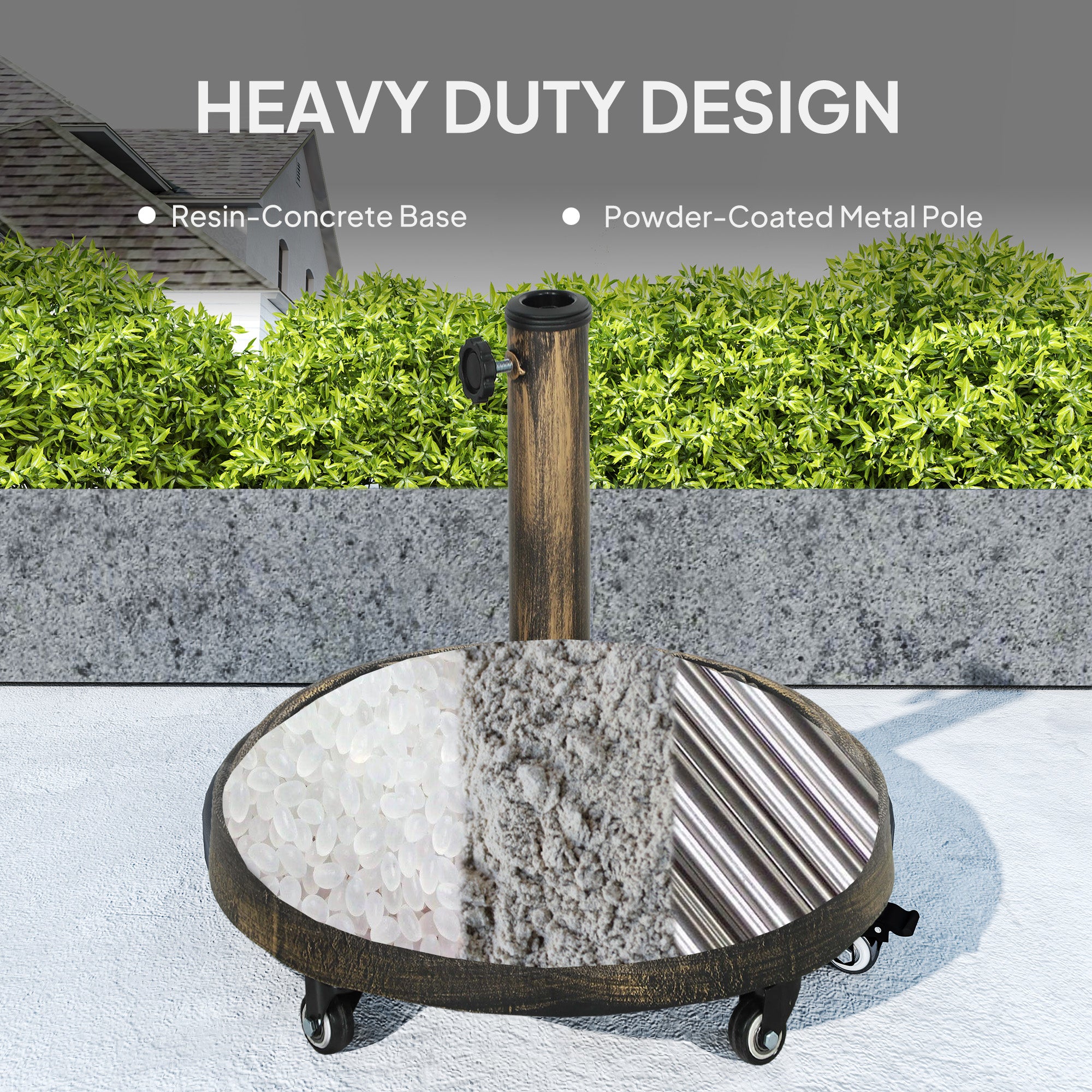 Round Patio Umbrella Base, 46 lbs Resin Umbrella Base with Wheels, Outdoor Umbrella Stand for 1.3"/1.5"/1.9" Umbrella Poles for Outdoor, Lawn, Poolside, Bronze