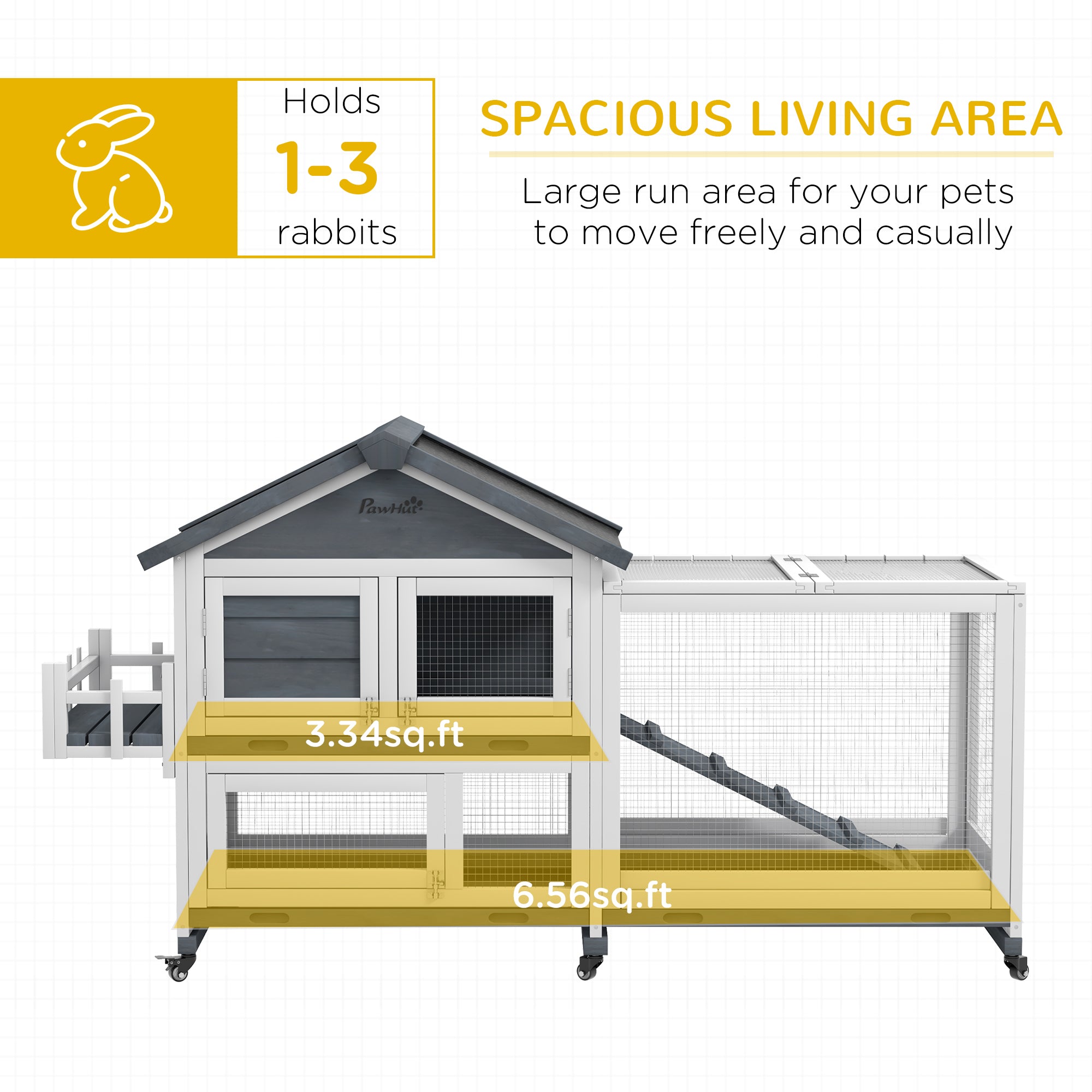65" Wooden Rabbit Hutch, Pet Playpen with Openable Roof & Storage Box for Rabbits and Small Animals, Gray