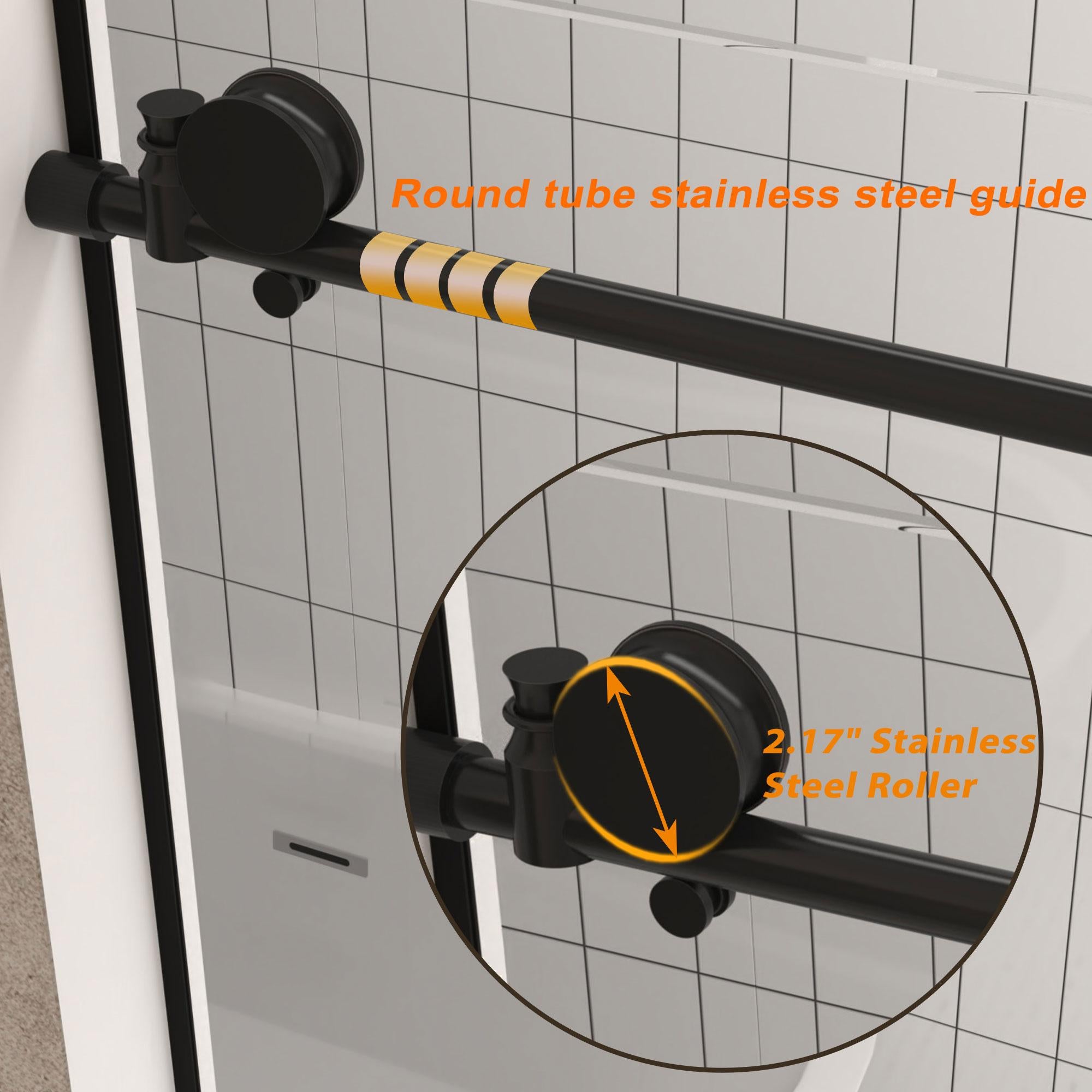 Frameless Sliding Shower Door with Explosion-Proof Film and Smooth Stainless Steel Rollers, Panel for Bathroom, 60" L x 0.5" W x 76" H, Matte Black