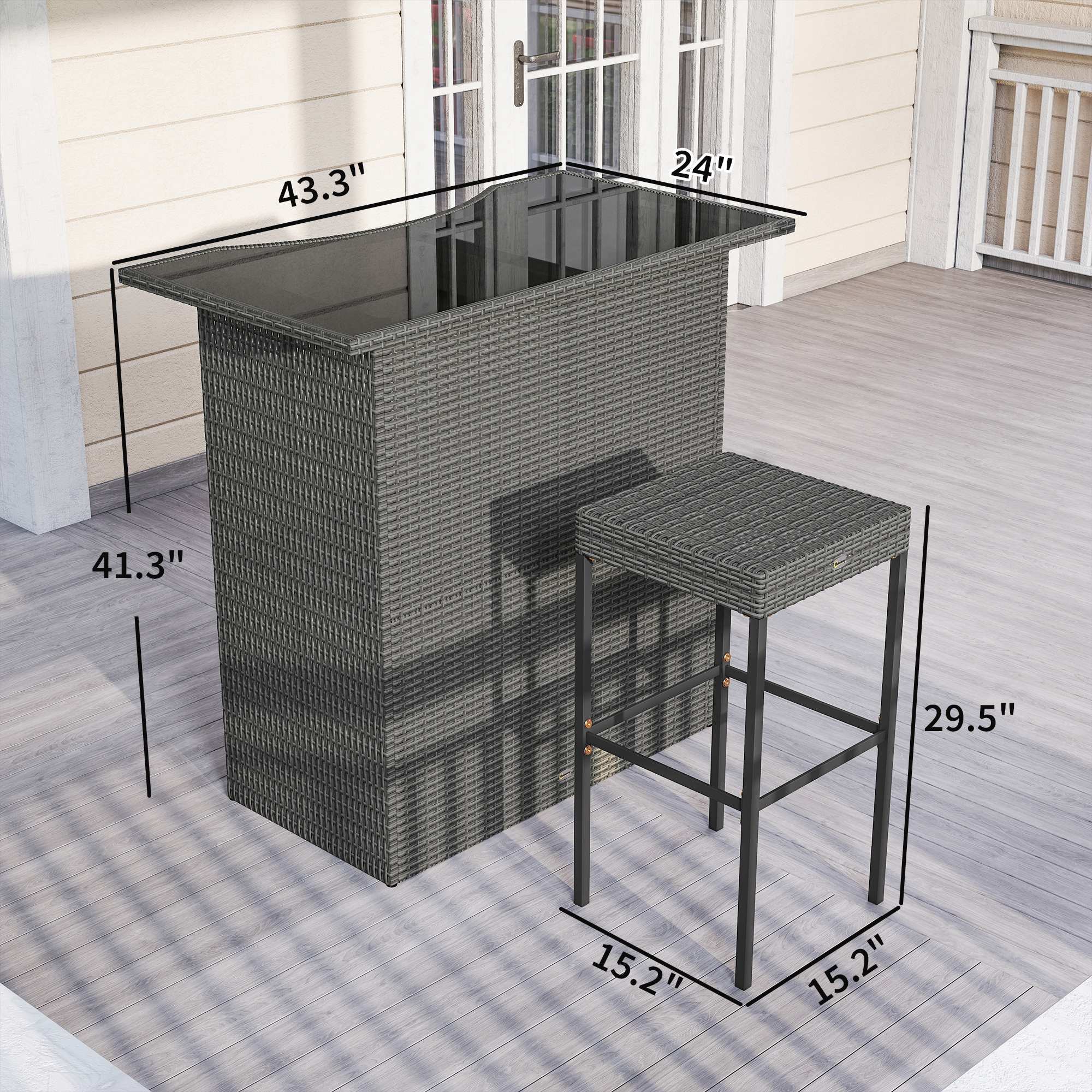 5 Piece Rattan Wicker Bar Set, High Top Outdoor Table and Chairs, Bar Height Patio Set, 2 Shelves & 4 Bar Stools, Gray