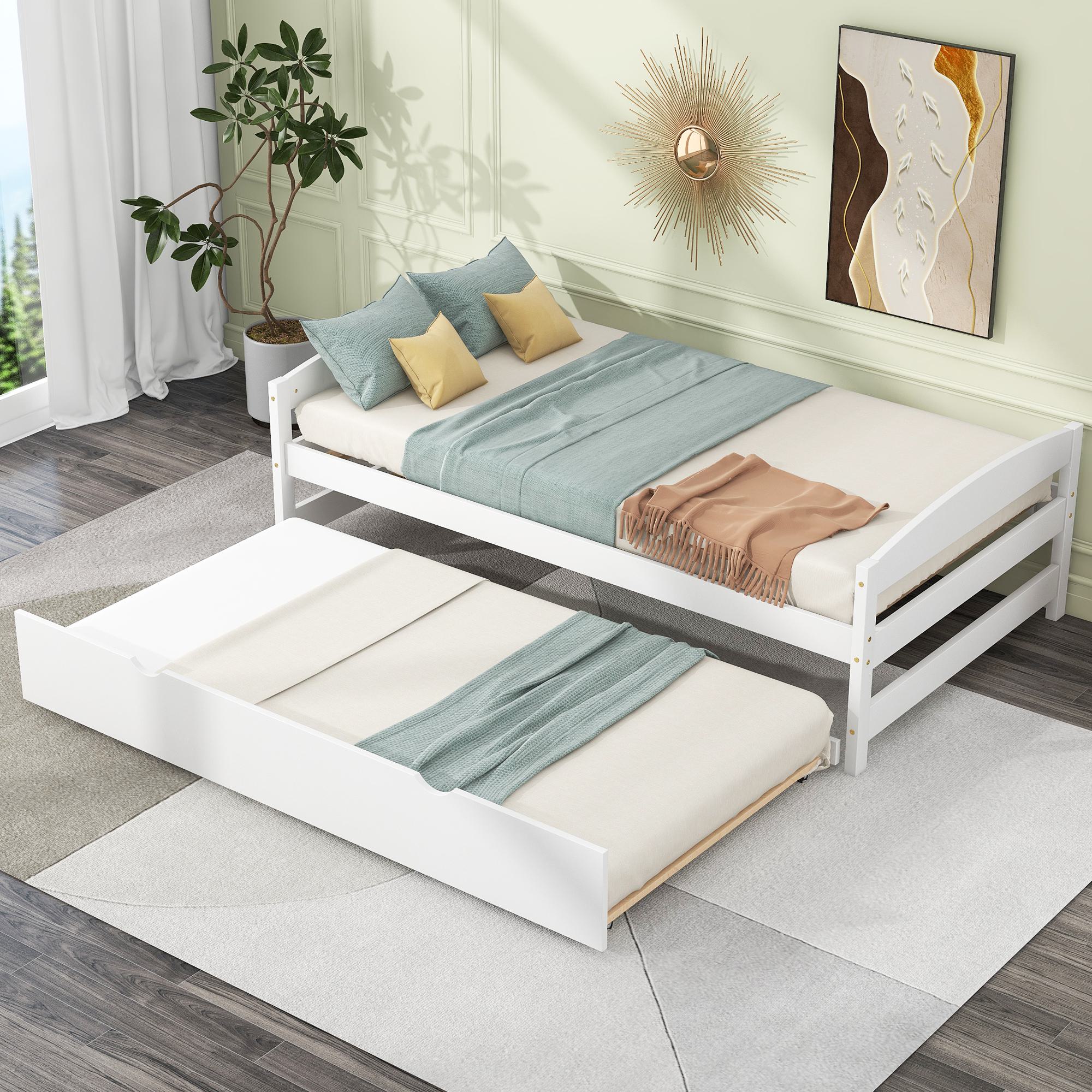 Twin Size Platform Bed with Twin Size Trundle, Headboard and Footboard, Sturdy Pine Wood Construction, 77.5" L x 40.5" W x 22" H, White