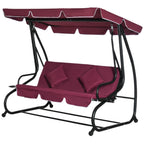3-Seat Outdoor Patio Swing Chair, Converting Flatbed, Outdoor Swing Glider with Adjustable Canopy, Removable Cushion and Pillows, for Porch, Garden, Poolside, Backyard, Red