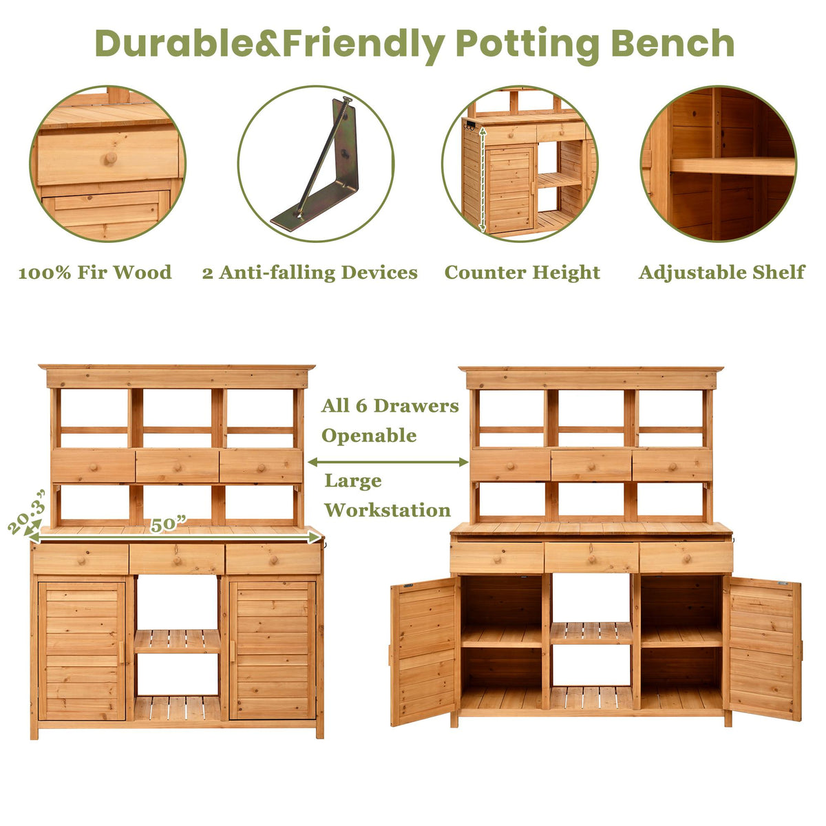 Tall Potting Bench with 3 Shelves, 6 Drawers, Hutch and Cabinet, Wood Garden Workstation for Patio, 50'' L x 20.5'' W x 65.5'' H, Natural