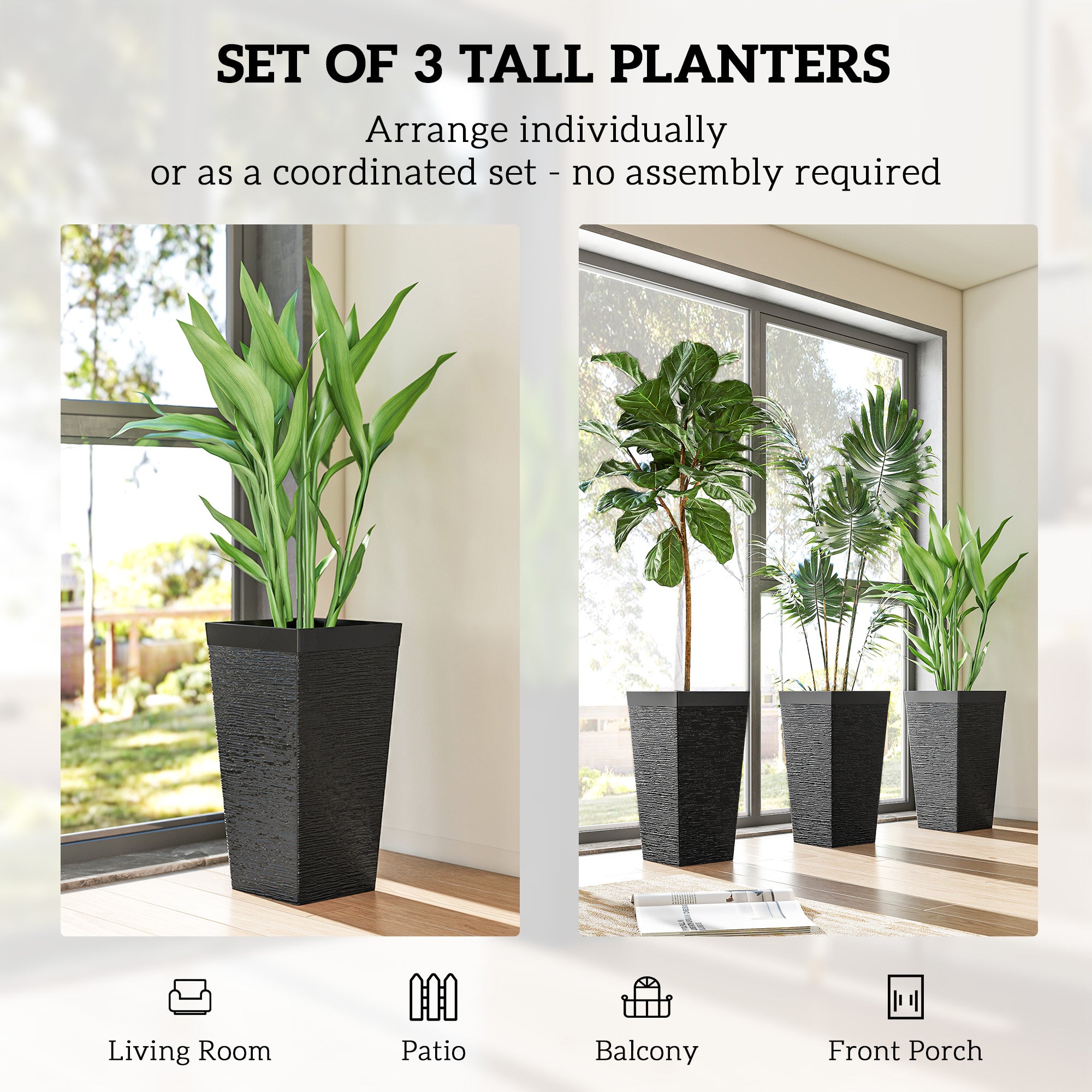 22.8 Inch Set of 3 Outdoor Planters with Stone Finish and Wheels, Stackable Tapered Planters with Drainage Hole, Black