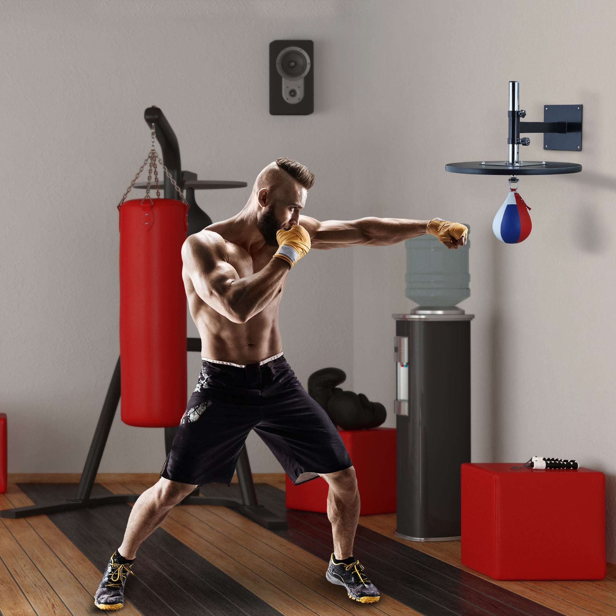 Speed Bag Boxing Punching Bag Wall Mount Height Adjustable, MMA, Martial Arts, and Boxing Equipment for Training at Home, Heavy-Duty Steel Platform, Strong PVC Leather, 9" H x 7" Dia.