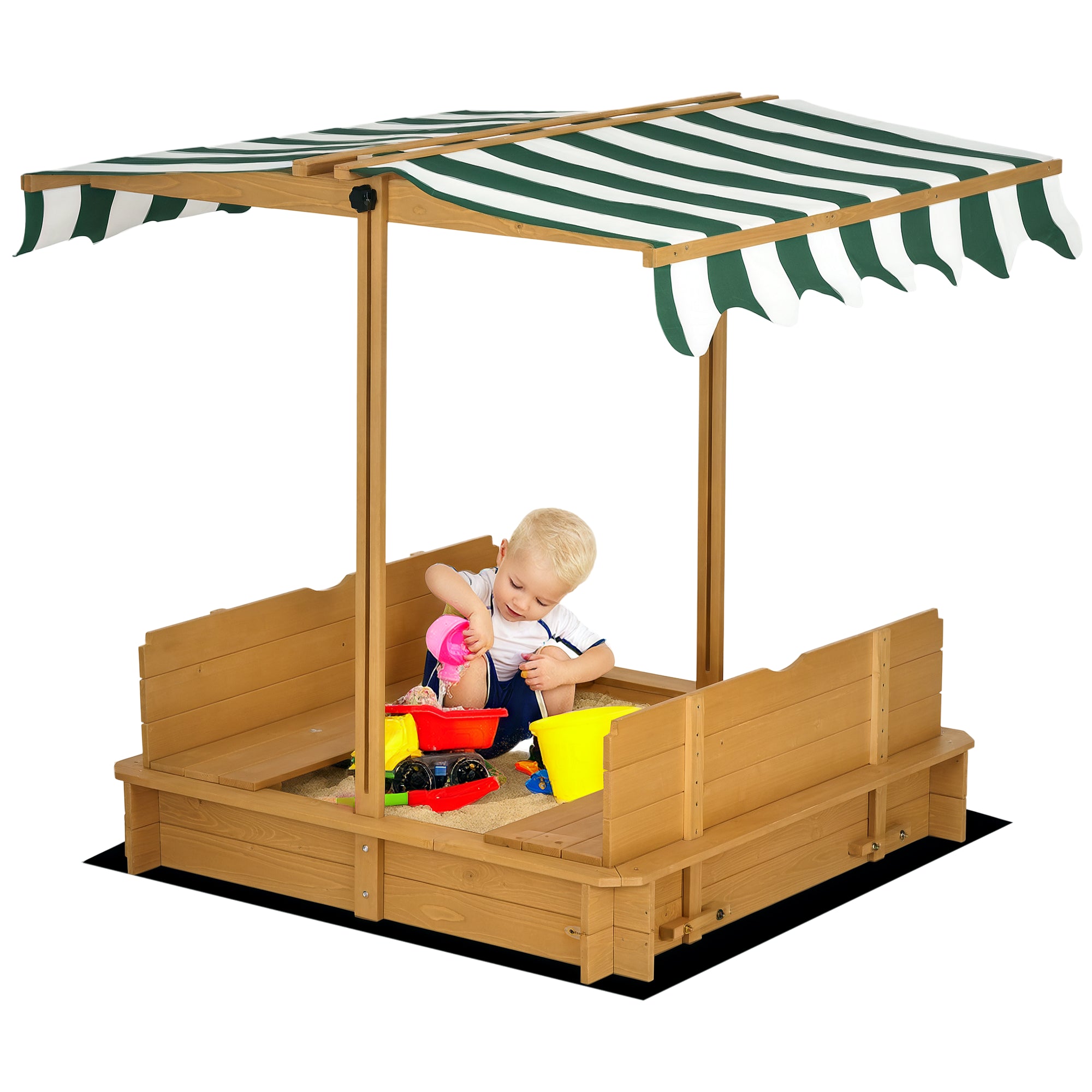 Wooden Kids Sandbox with Cover, Children Outdoor Sand Box with Foldable Bench Seats and Adjustable Canopy