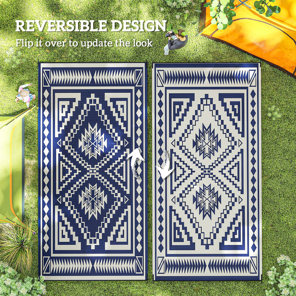Reversible Outdoor Rug, Waterproof Plastic Straw with Carry Bag, 9' x 18', Blue & White Square Patchwork