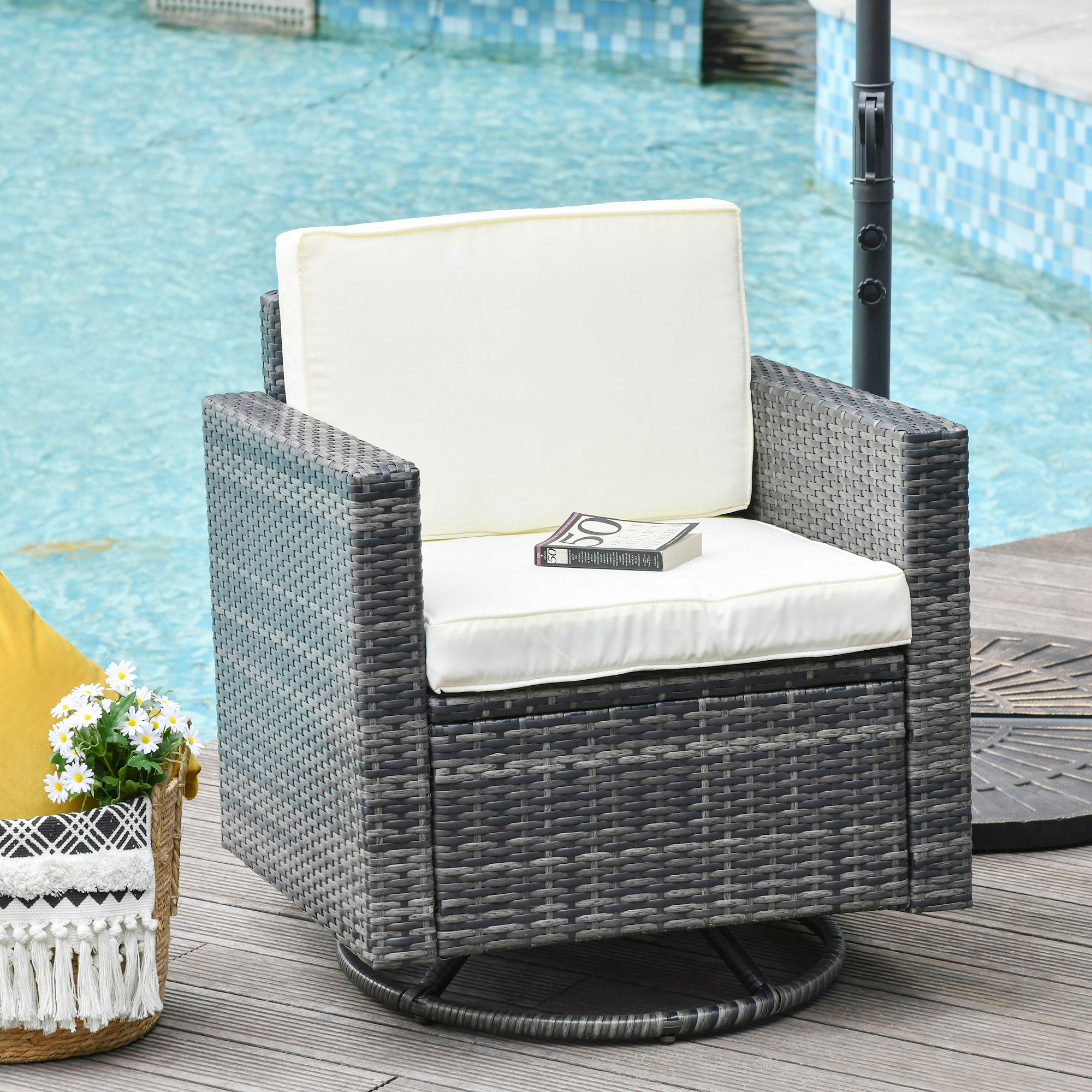 Outdoor Swivel Rocker, PE Wicker Dining Chair, 360 Degree Swivel Patio Glider with Cushions for Backyard, Lawn, Garden, Deck, Porch, Steel Frame, Cream White