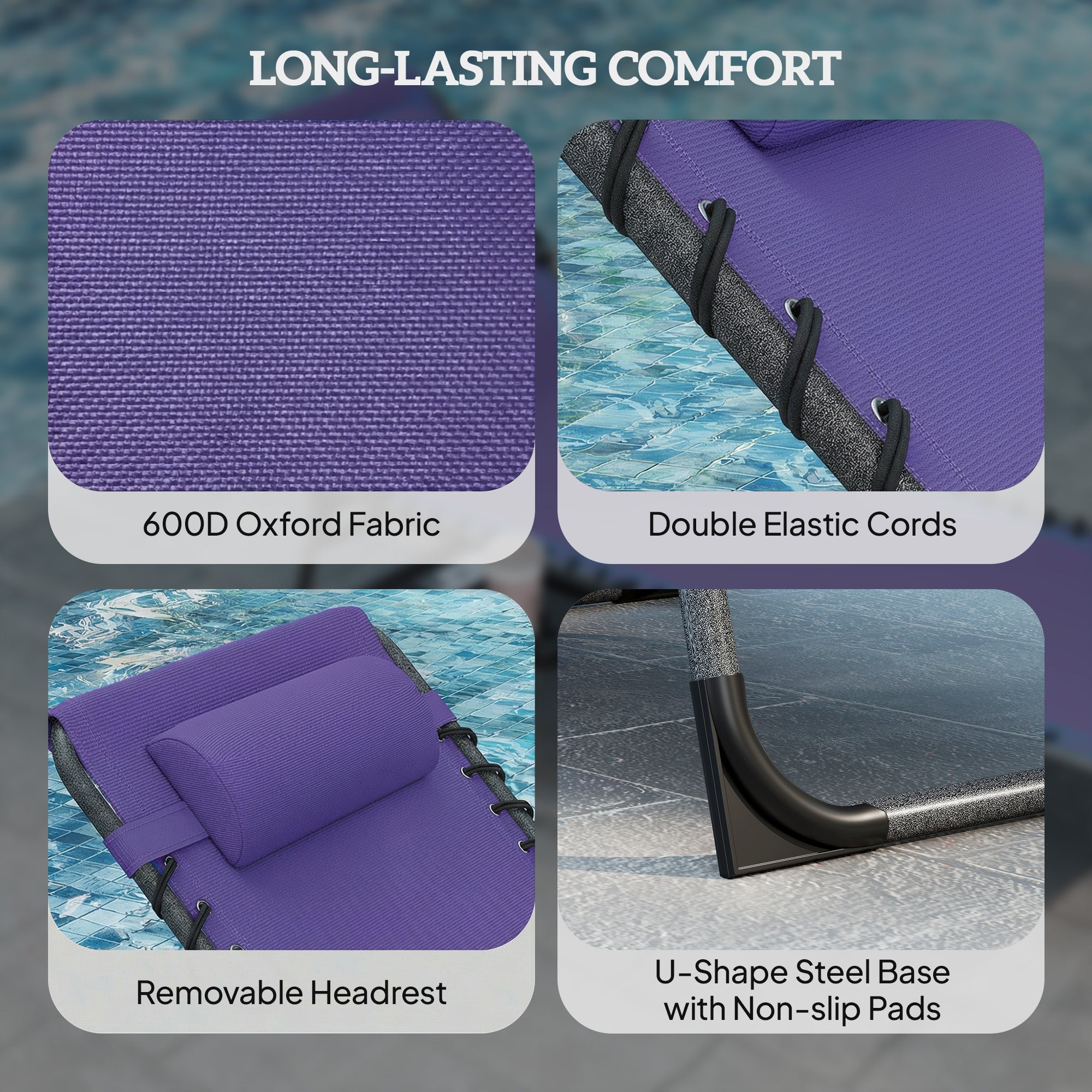 Folding Outdoor Chaise Lounge Chair Tanning Chair with 5-Level Adjustable Back, Side Table, Pillow, Pocket, Purple