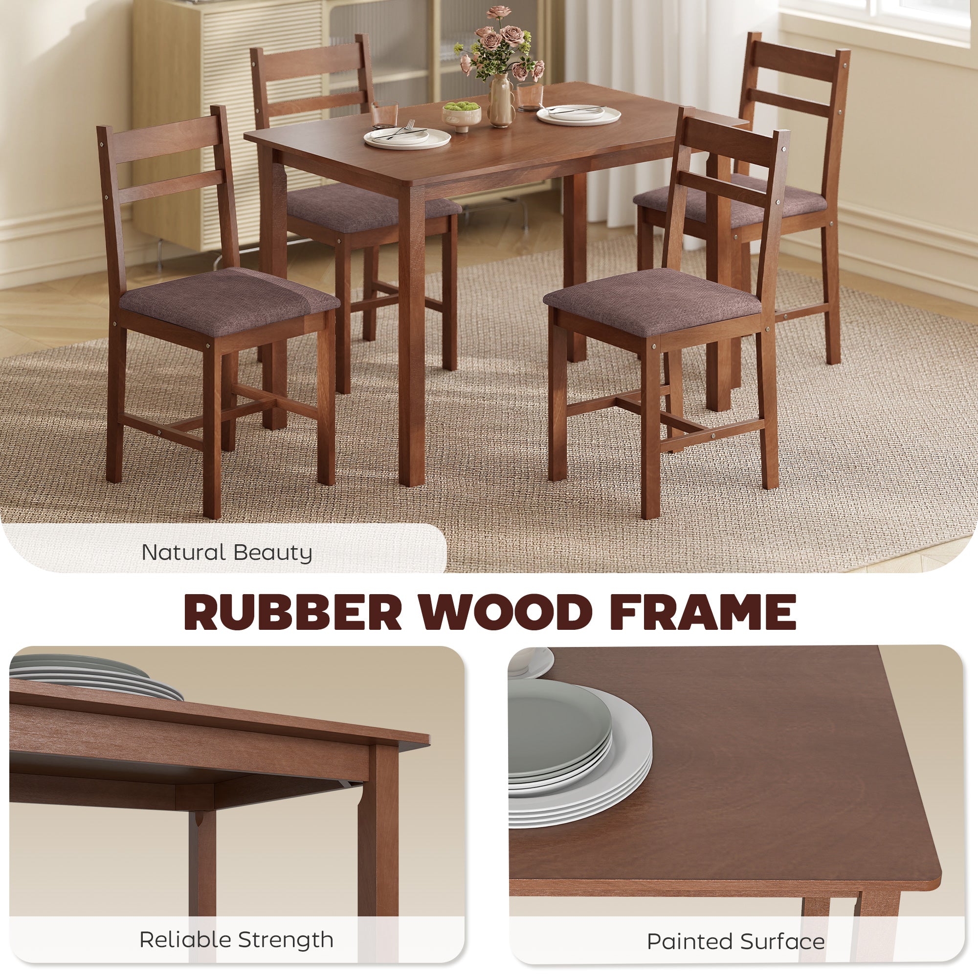 5-Piece Solid Wood Dining Table Set for 4, Farmhouse Kitchen Table with Upholstered Chairs for Dining Room, Light Brown