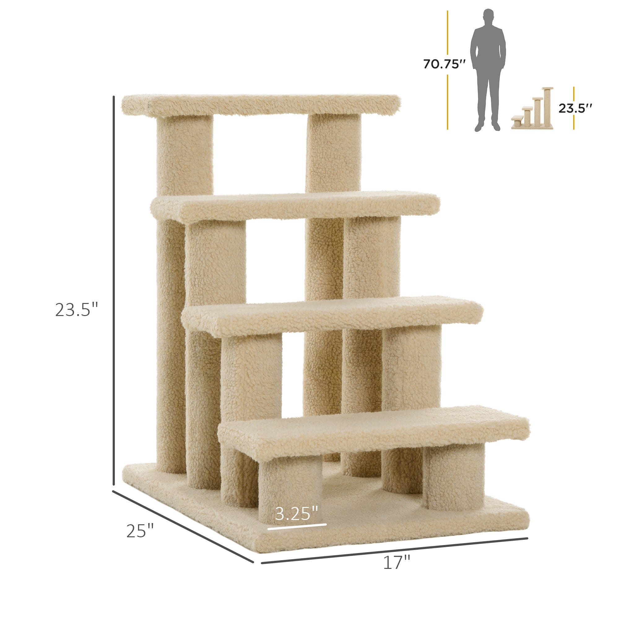 25" 4-Step Multi-Level Carpeted Cat Scratching Post Pet Stairs, Cream White