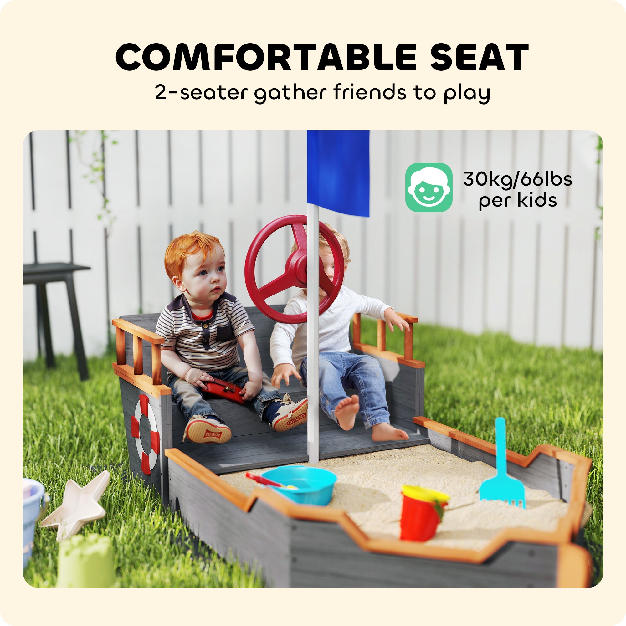 Kids Wooden Sandbox Pirate Ship Sandboat w/ Bench Seat Storage Space Ceder Wood, Gray