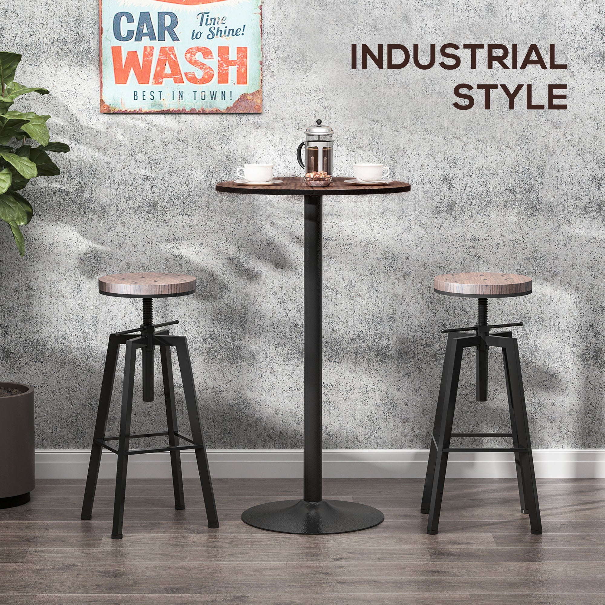 41" H Bar Height Round Bar Table, Rustic Industrial Pub Table, Elm Wood Top Bistro Table with Metal Base
