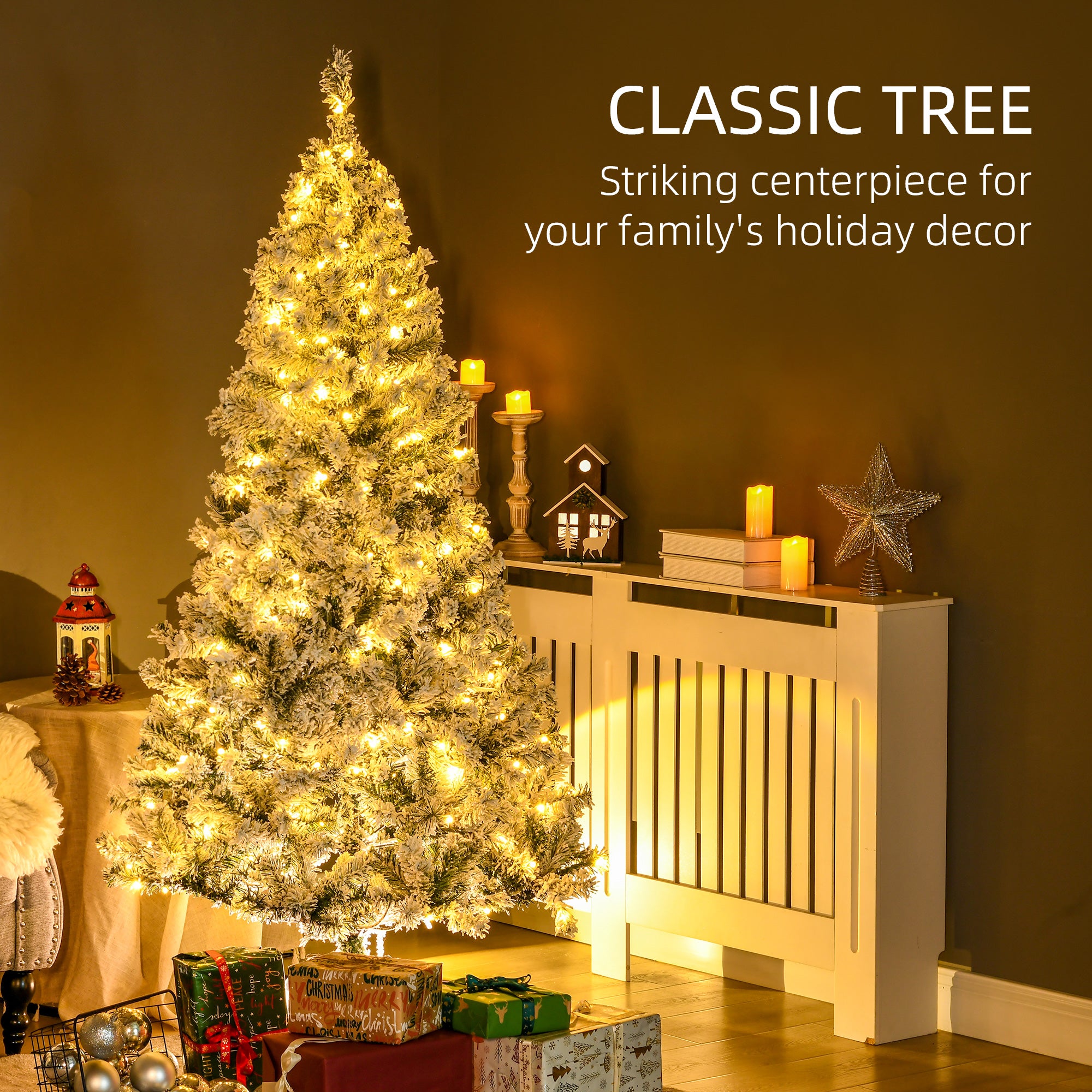 6' Prelit Artificial Flocked Christmas Trees, with Snow Frosted Branches, Warm White LED Lights, Auto Open