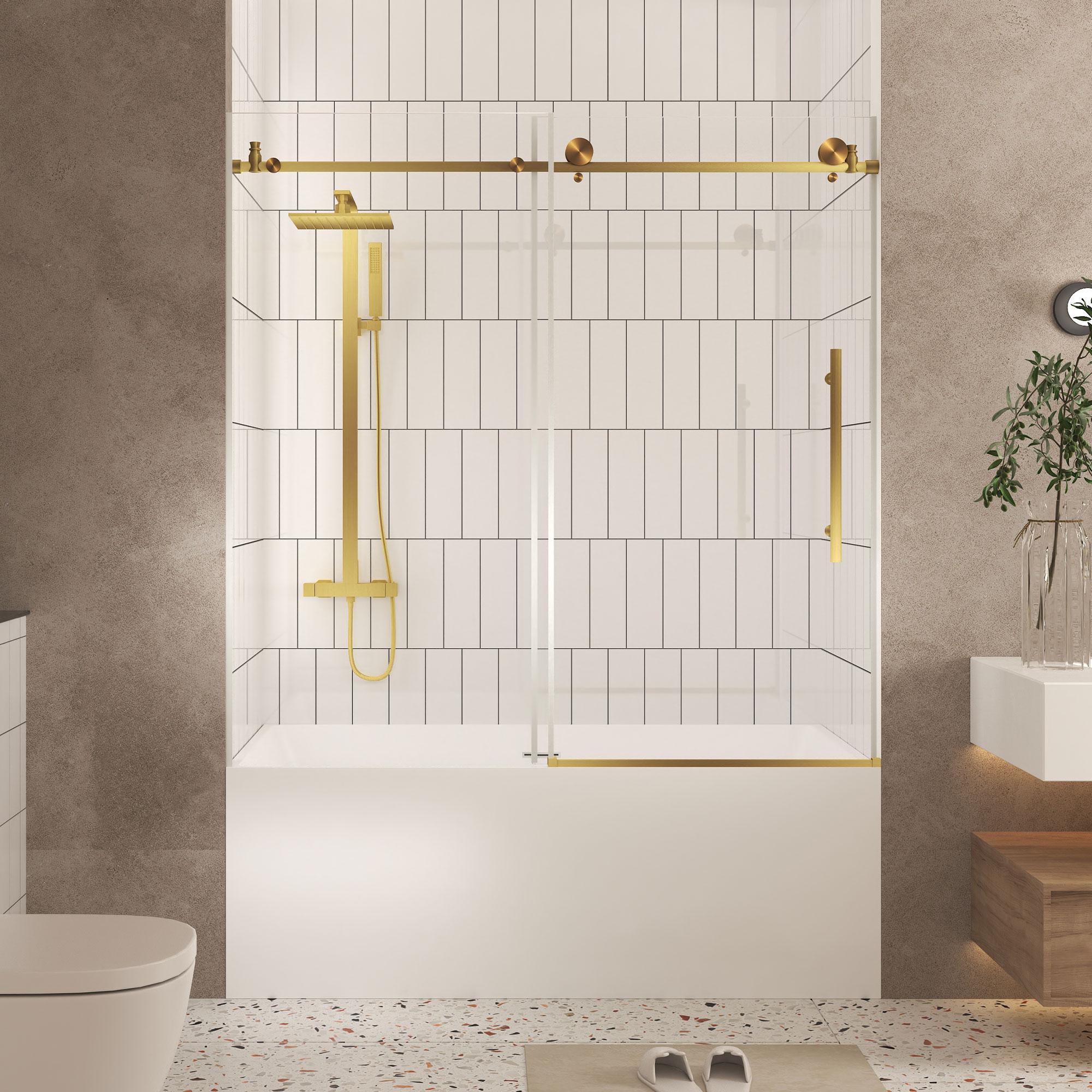Frameless Sliding Shower Door with Smooth Quiet Stainless Steel Rollers & Round Tracks, Panel for Bathroom, 60" L x 0.5" W x 60" H, Brushed Gold