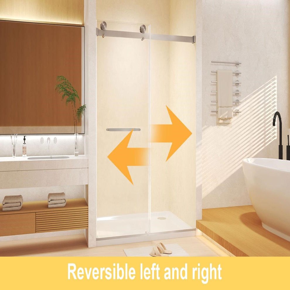 Frameless Double Sliding Shower Door with Silent Rollers, Bathroom Door with Square Tube Track, 60" L x 0.5" W x 74" H, Brushed Nickel