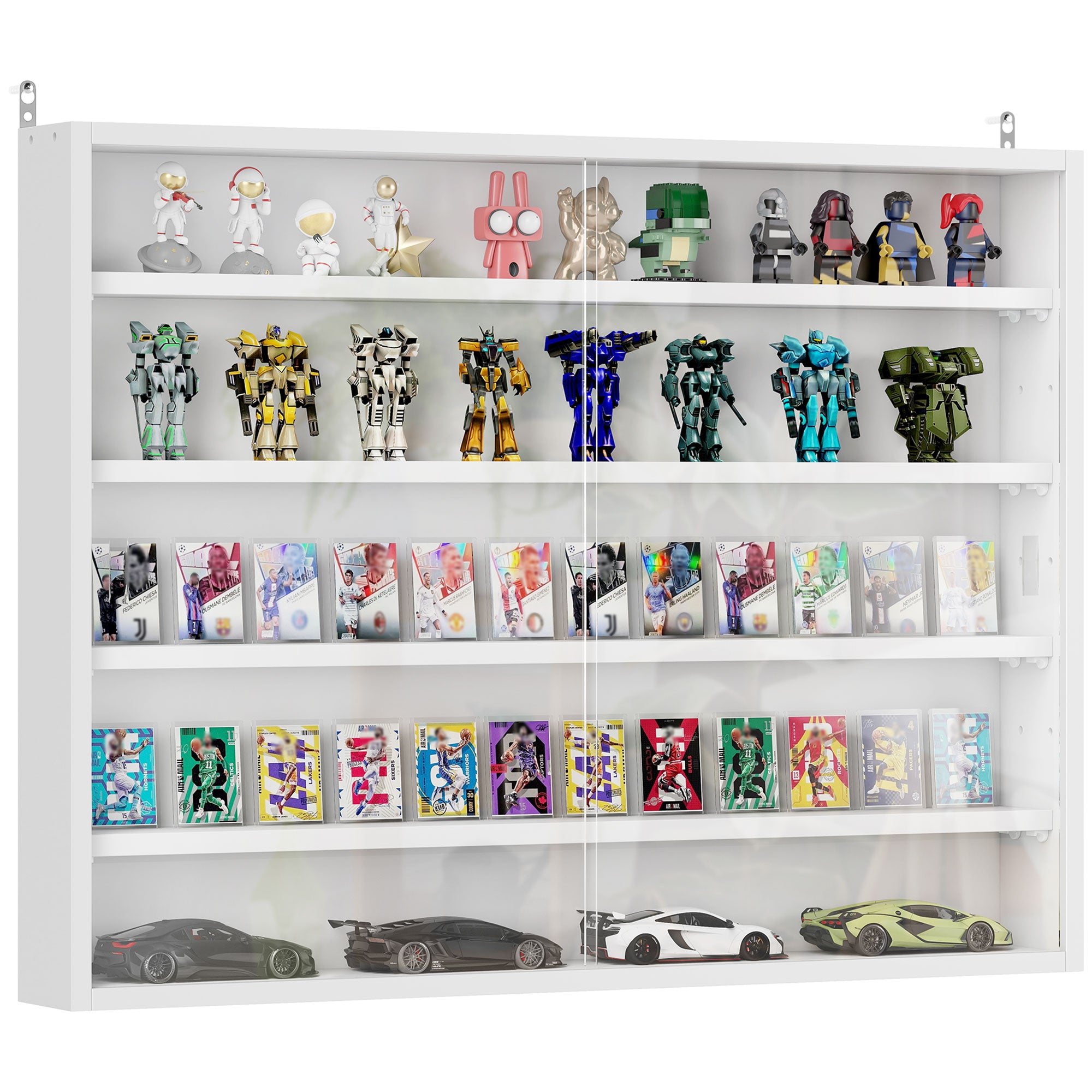 5-Tier Display Cabinet, Wall-Mounted Display Case with 2 Glass Doors and Adjustable Shelves, White