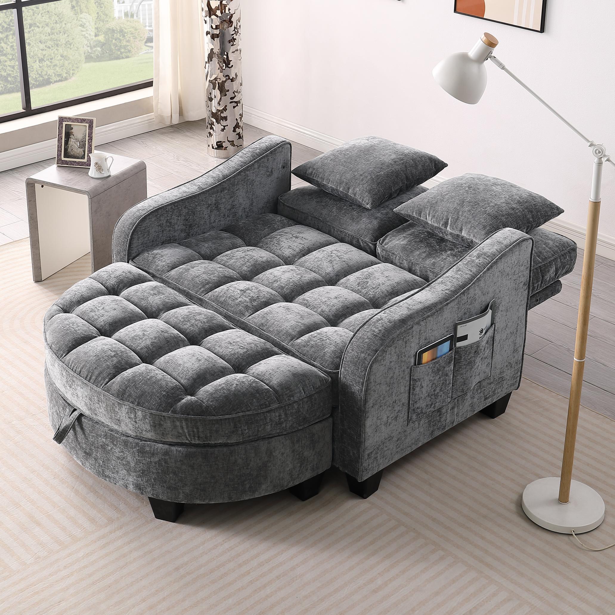 2-Seater Sofa Chaise Lounge with Irregular Curved Armrests, Ergonomic Backrest, Footrest with 2 Throw Pillows, 42.5" L x 32.5" W x 36.5" H, Grey