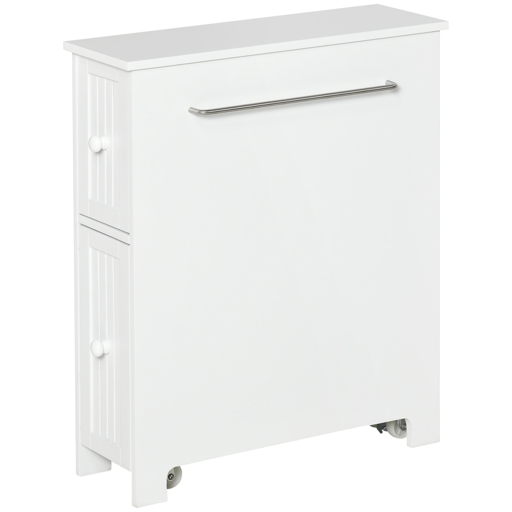 Slim Bathroom Cabinet, Freestanding Storage Cabinet, Toilet Paper Holder with Two Drawers, Side Towel Rack, and Wheels, 7 x 20.5 x 24.75 Inches, White