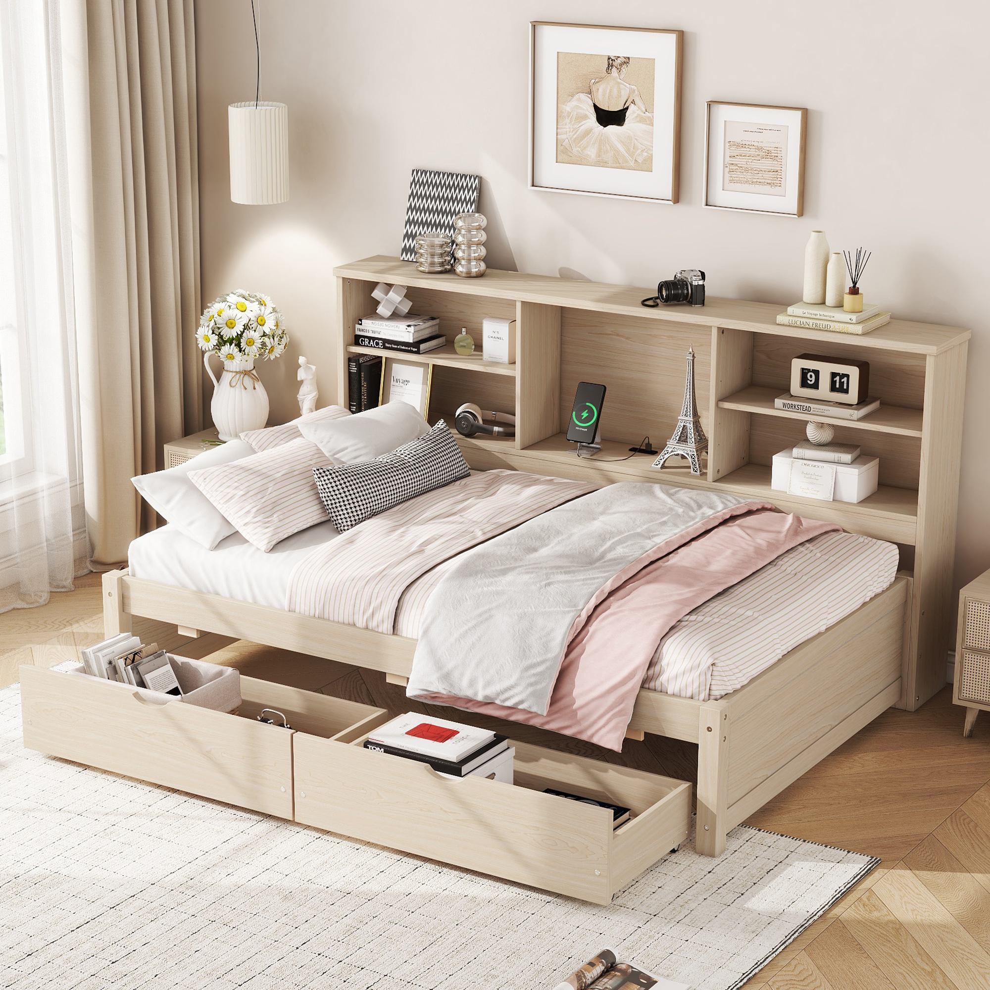 Twin Size Bed Frame with Side Bookshelves, Two Drawers, Built-in USB Port, and Adjustable Shelves, 81" L x 50" W x 41" H, Natural