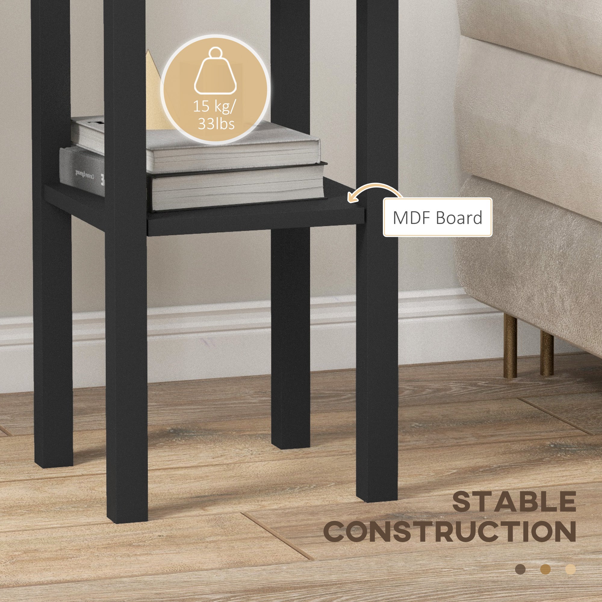 2-Tier Side Tables Set of 2 with Drawer and Shelf, 2 Pieces End Tables for Living Room and Hallway, Black