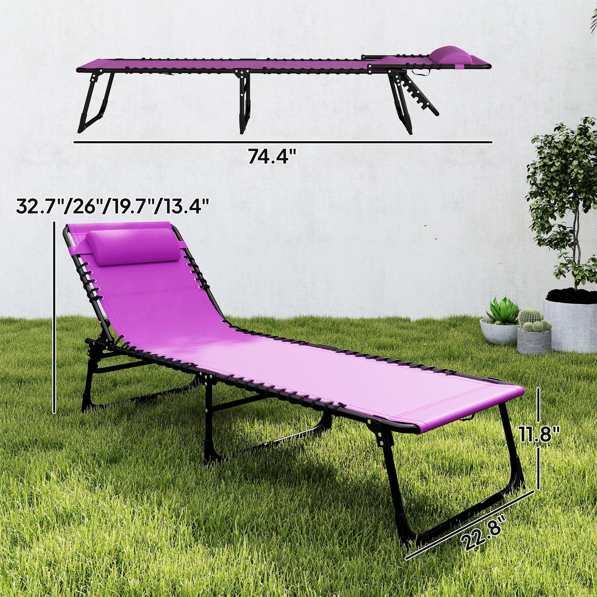 2 Folding Chaise Lounge Pool Chairs with 4-Position Reclining Back, Pillow, Breathable Mesh & Bungee Seat, Purple