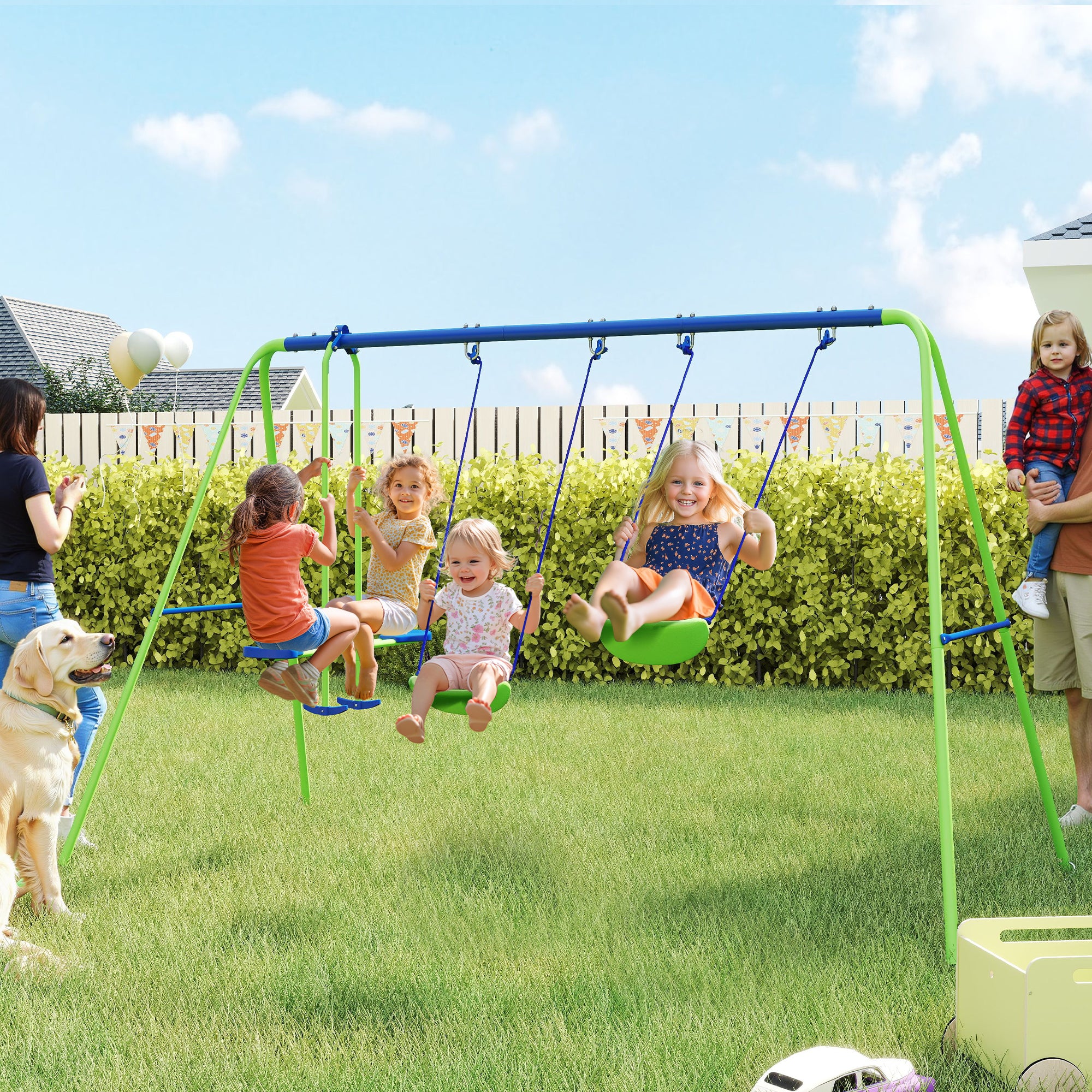 Metal Swing Set with Glider, Two Swing Seats and Adjustable Height, Outdoor Heavy Duty A-Frame Suitable for Playground, Backyard, Green