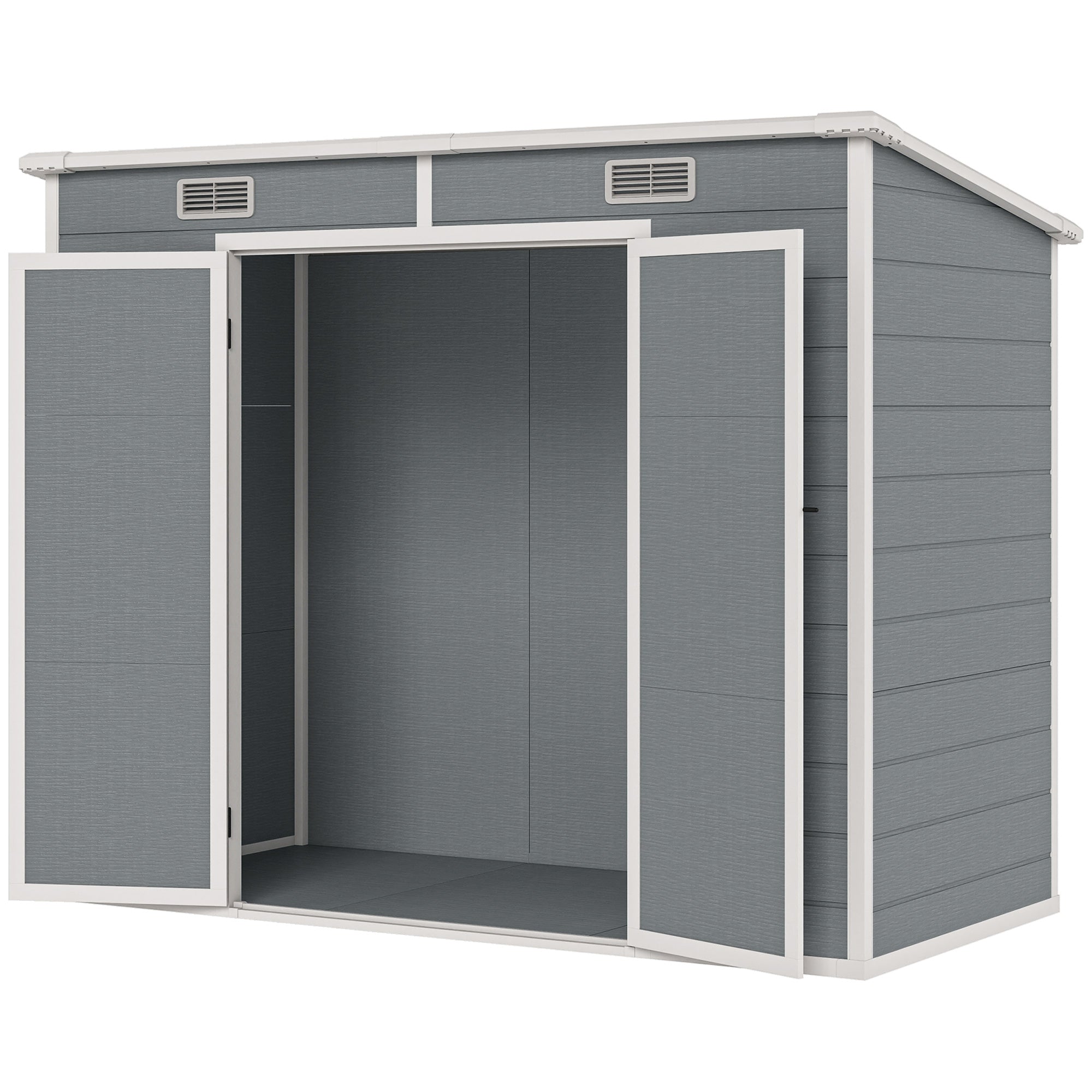 8' x 4' Plastic Outdoor Storage Shed with Floor, Window, Lockable Doors and Vents for Backyard Patio Lawn, Gray