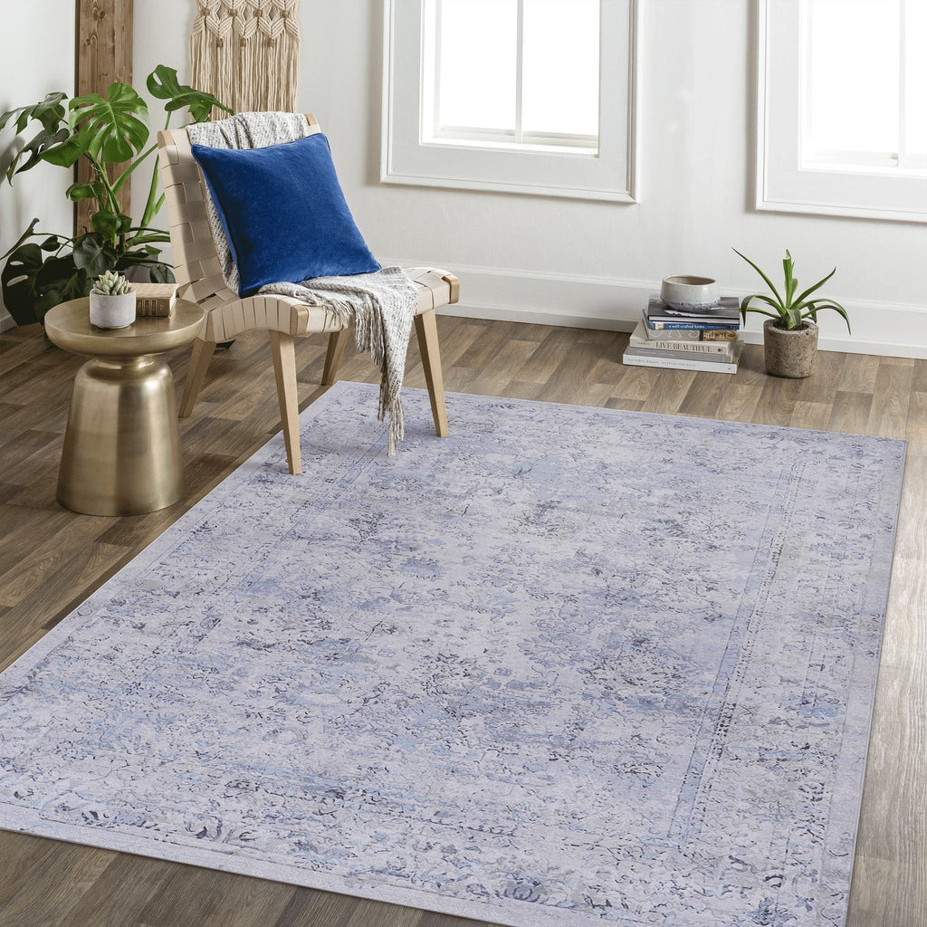 8x10 Foldable Low-Pile Non-Slip Non-Shedding Area Rug, Machine Washable, Kid and Pet Friendly, Carpet for Living Room, Kitchen, Blue+Cream