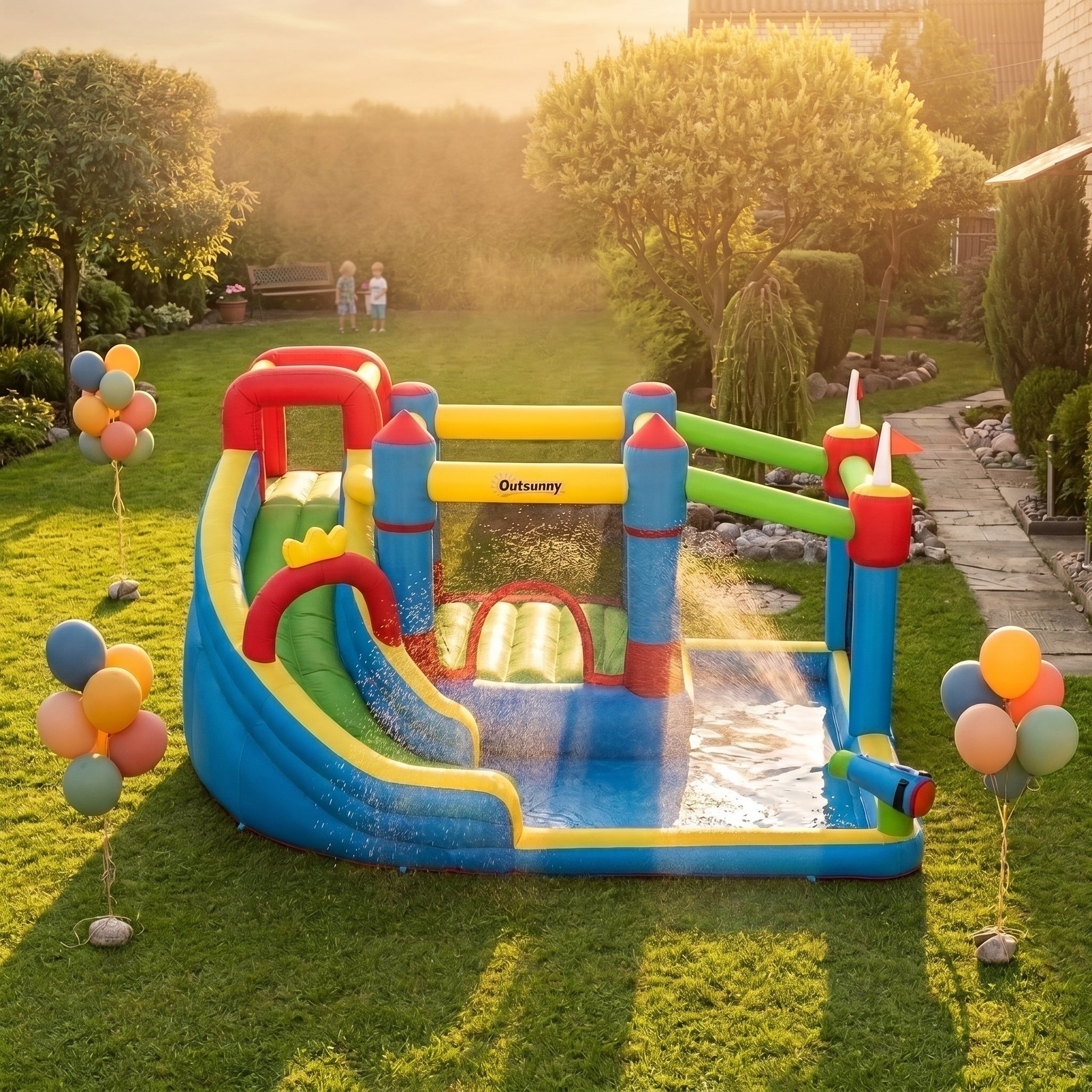 6-in-1 Inflatable Water Slide with Splash Pool, Slide, Climbing Wall, Water Cannon, Inflatable Bounce House for Kids with 2 Min. Inflation and Air Blower