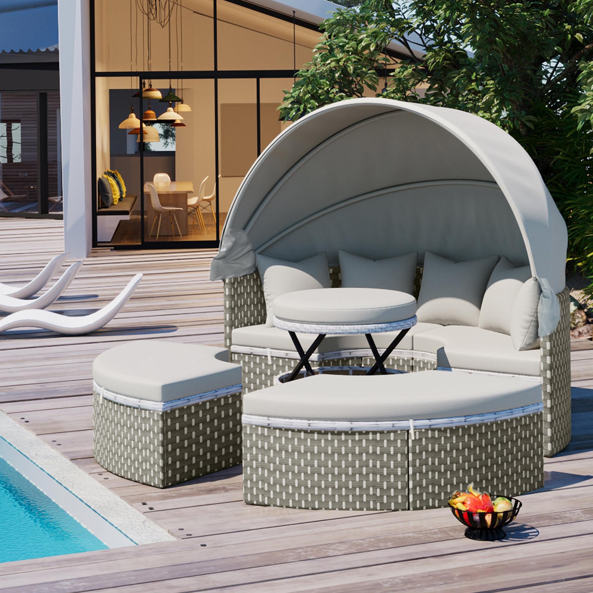 Round Rattan Patio Daybed with Retractable Canopy and Table, Versatile Sunbed with Separate Garden Seating, 66.5" L x 65" W x 53.5" H, Gray