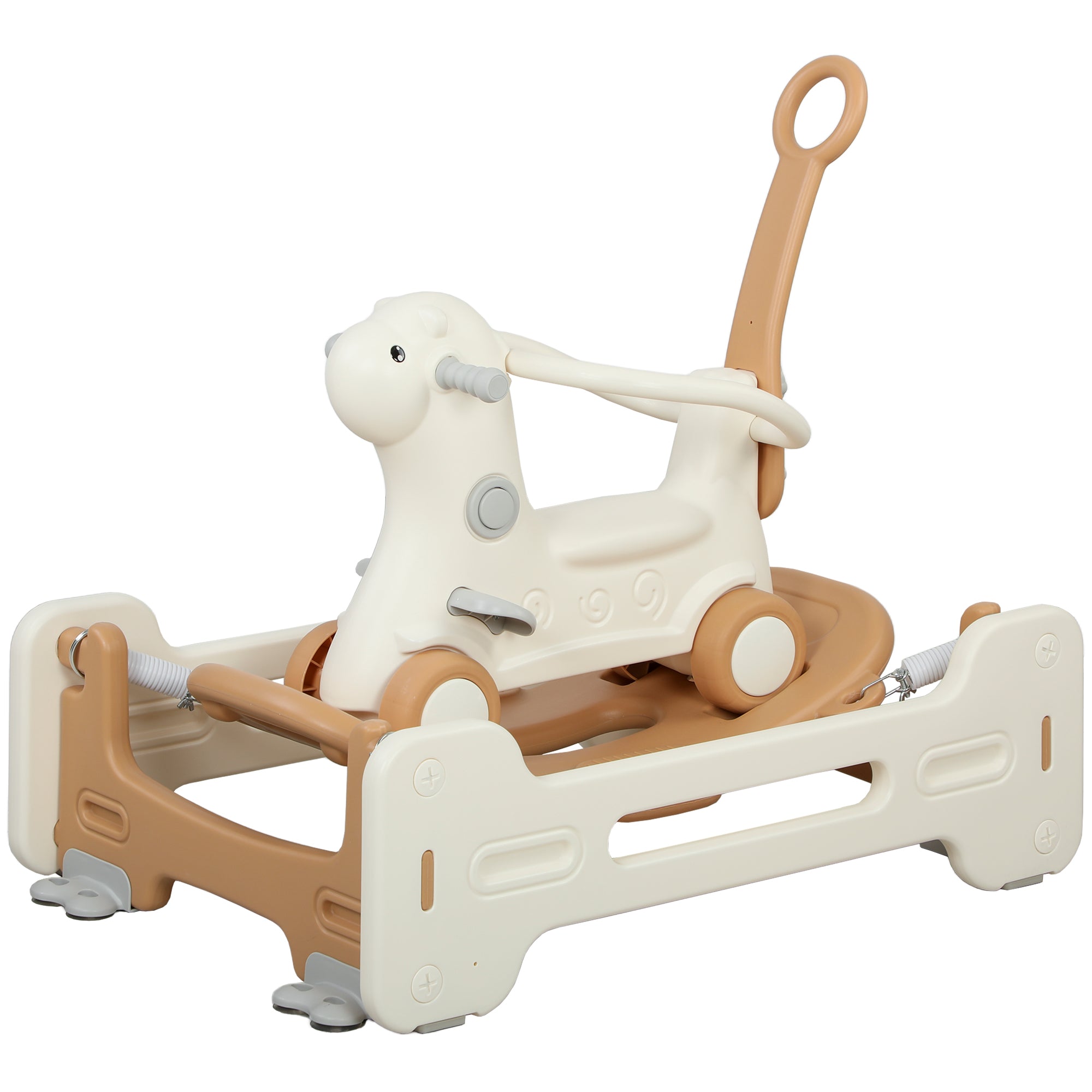 5 in 1 Kids Rocking Horse with Detachable Base, Safety Guardrails, Footrests, Push Handle for Ages 1-3, Brown