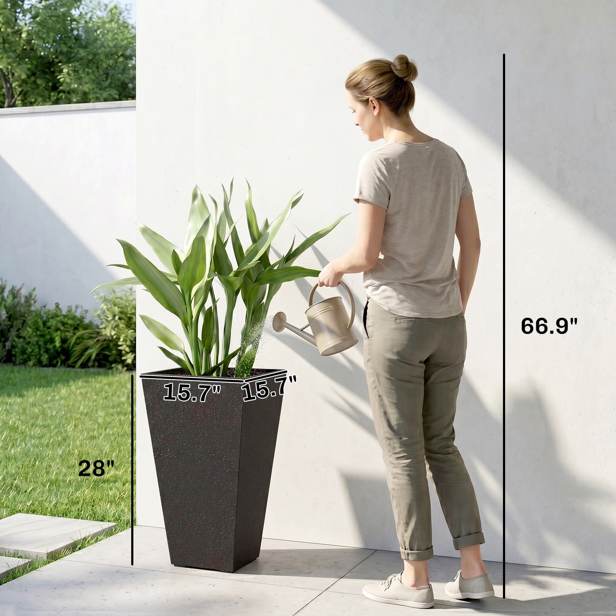 28" Tall Planters, Set of 3 Plastic Flower Pots with Marble Finish and Drainage Holes, Stackable Taper Planters, Brown